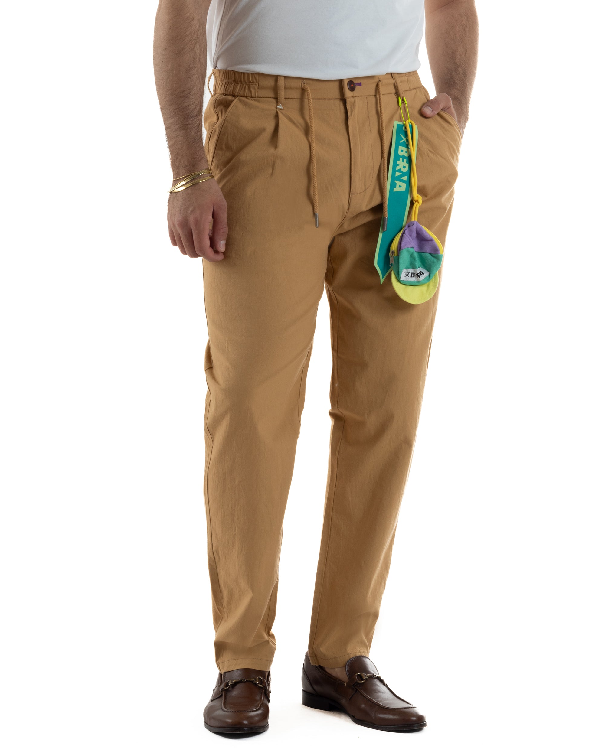 Pantaloni uomo pantalaccio chino lino elastico sul retro camel BERNA M-261237