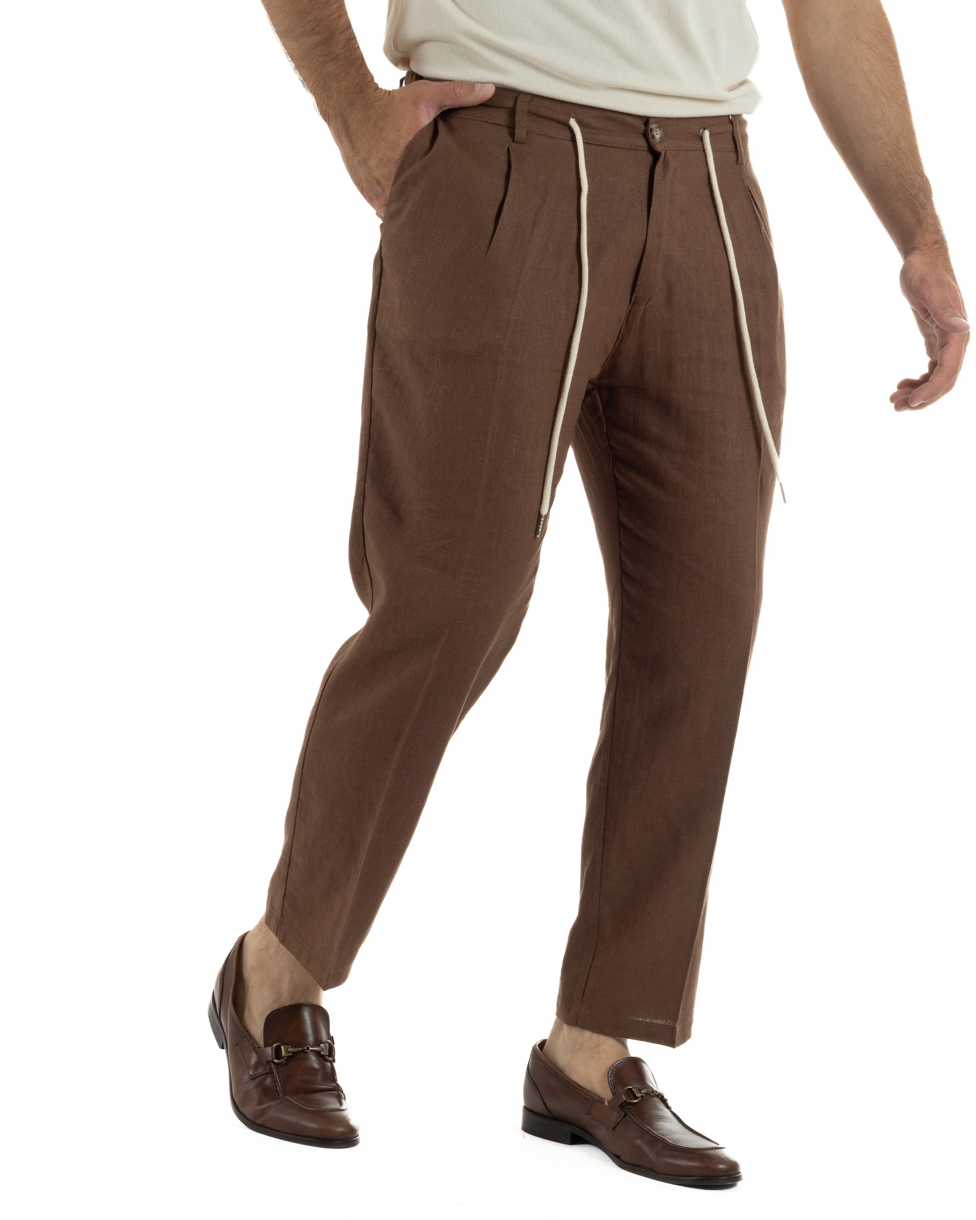 Pantaloni uomo lino tasche america elastico sul retro pinces laccio marrone GIOSAL-P6498A