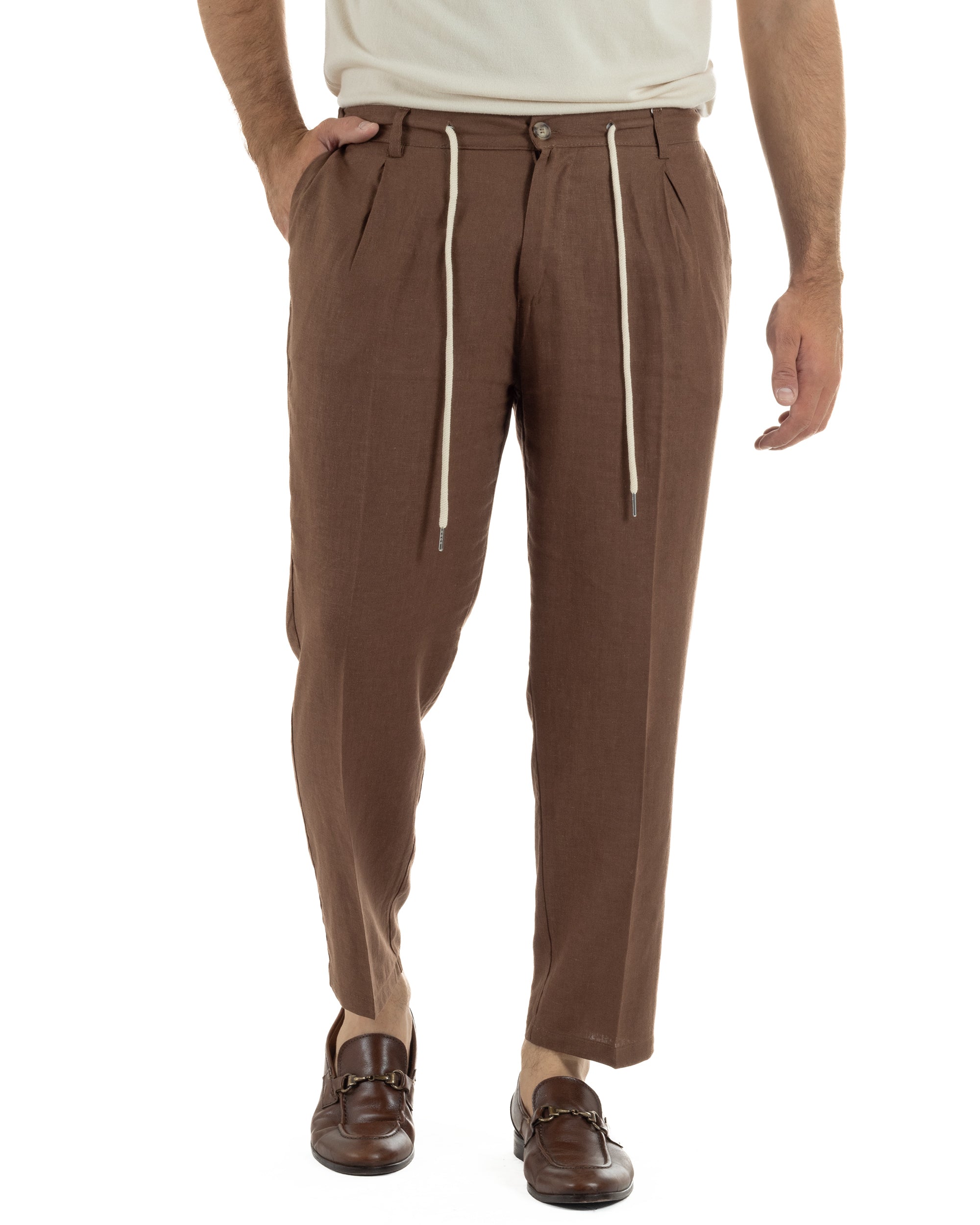 Pantaloni uomo lino tasche america elastico sul retro pinces laccio marrone GIOSAL-P6498A