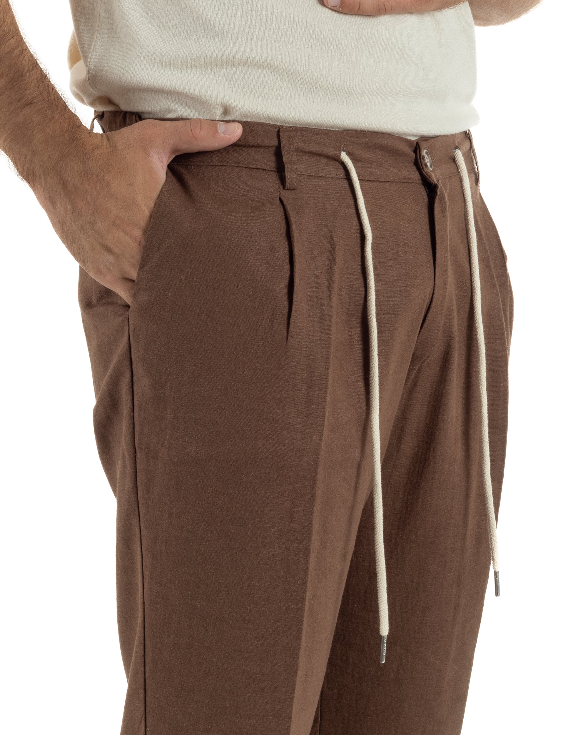 Pantaloni uomo lino tasche america elastico sul retro pinces laccio marrone GIOSAL-P6498A