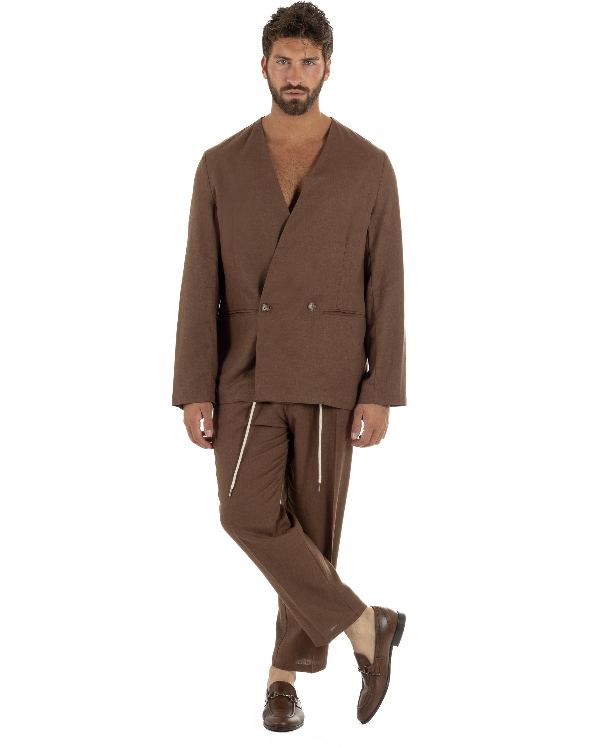 Pantaloni uomo lino tasche america elastico sul retro pinces laccio marrone GIOSAL-P6498A