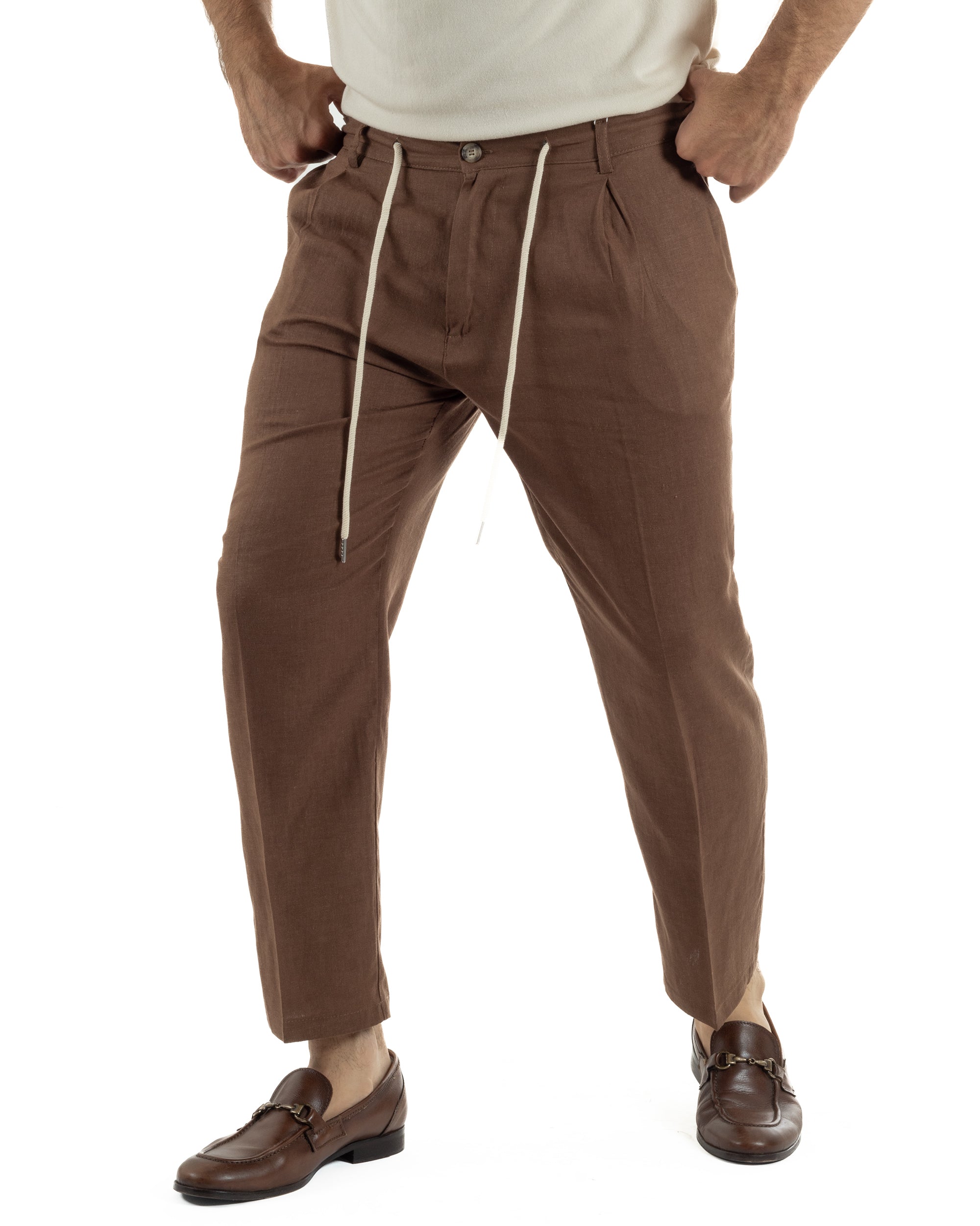 Pantaloni uomo lino tasche america elastico sul retro pinces laccio marrone GIOSAL-P6498A