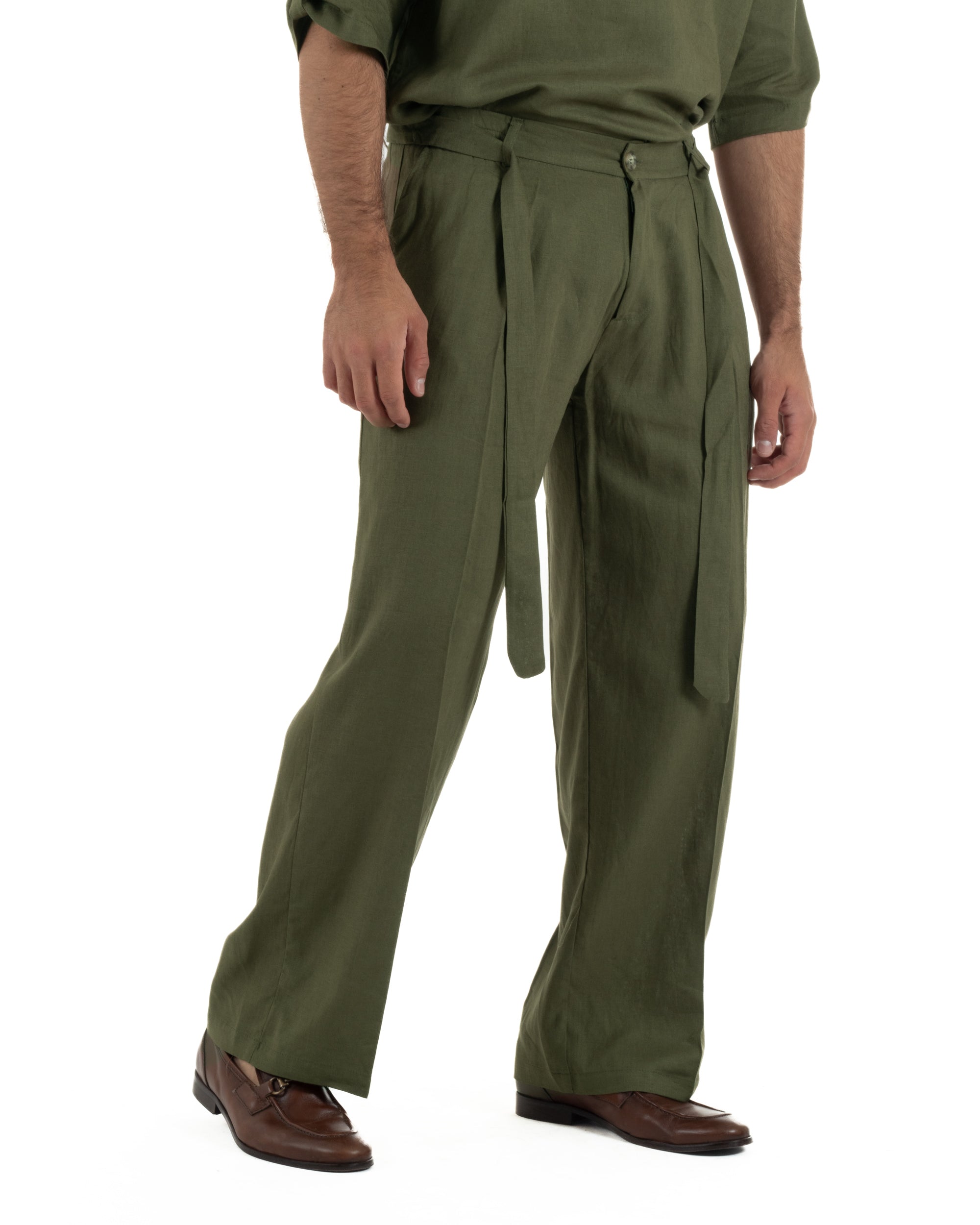Pantaloni lino uomo baggy fit fondo ampio cintura verde militare GIOSAL-P6499A