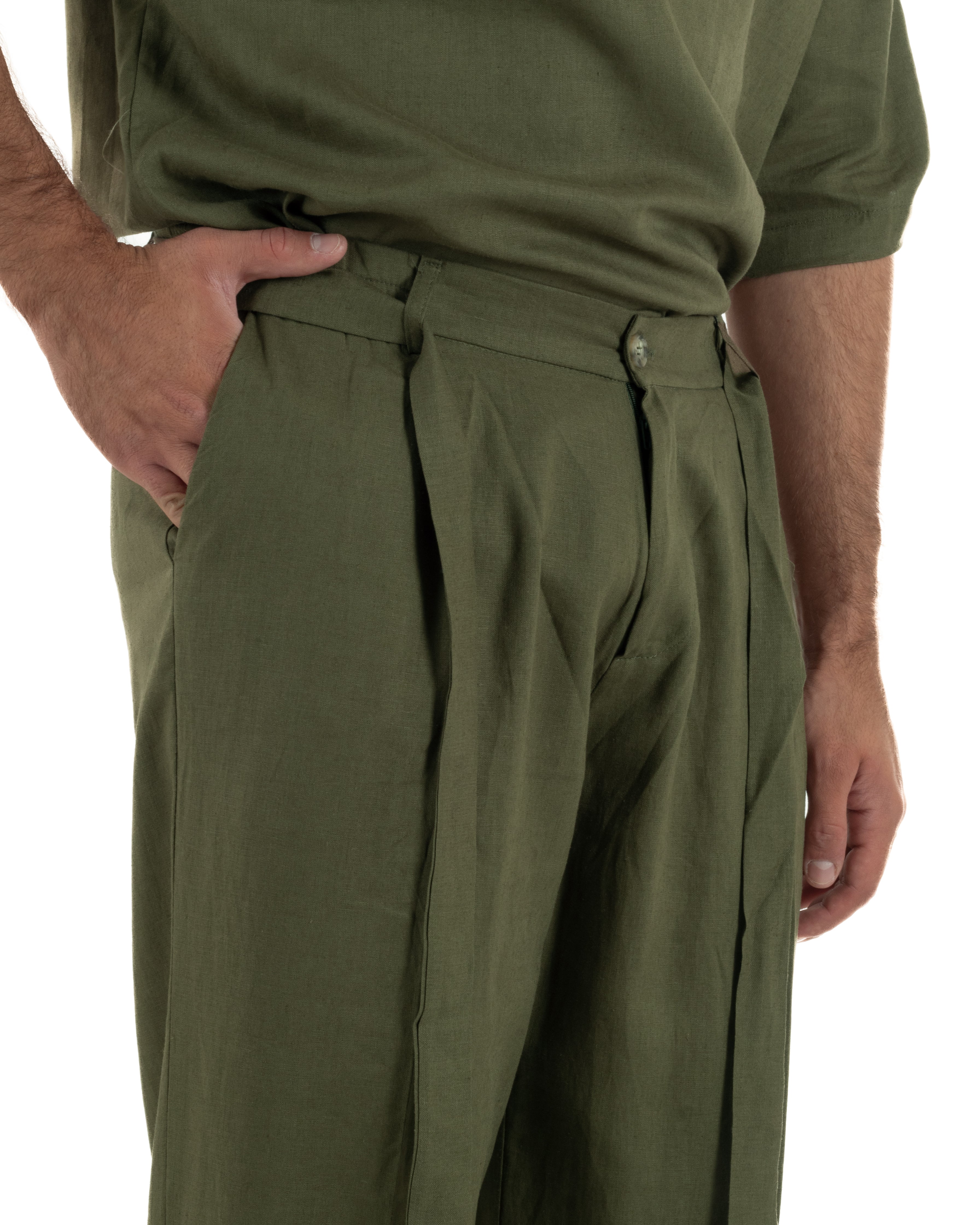 Pantaloni lino uomo baggy fit fondo ampio cintura verde militare GIOSAL-P6499A