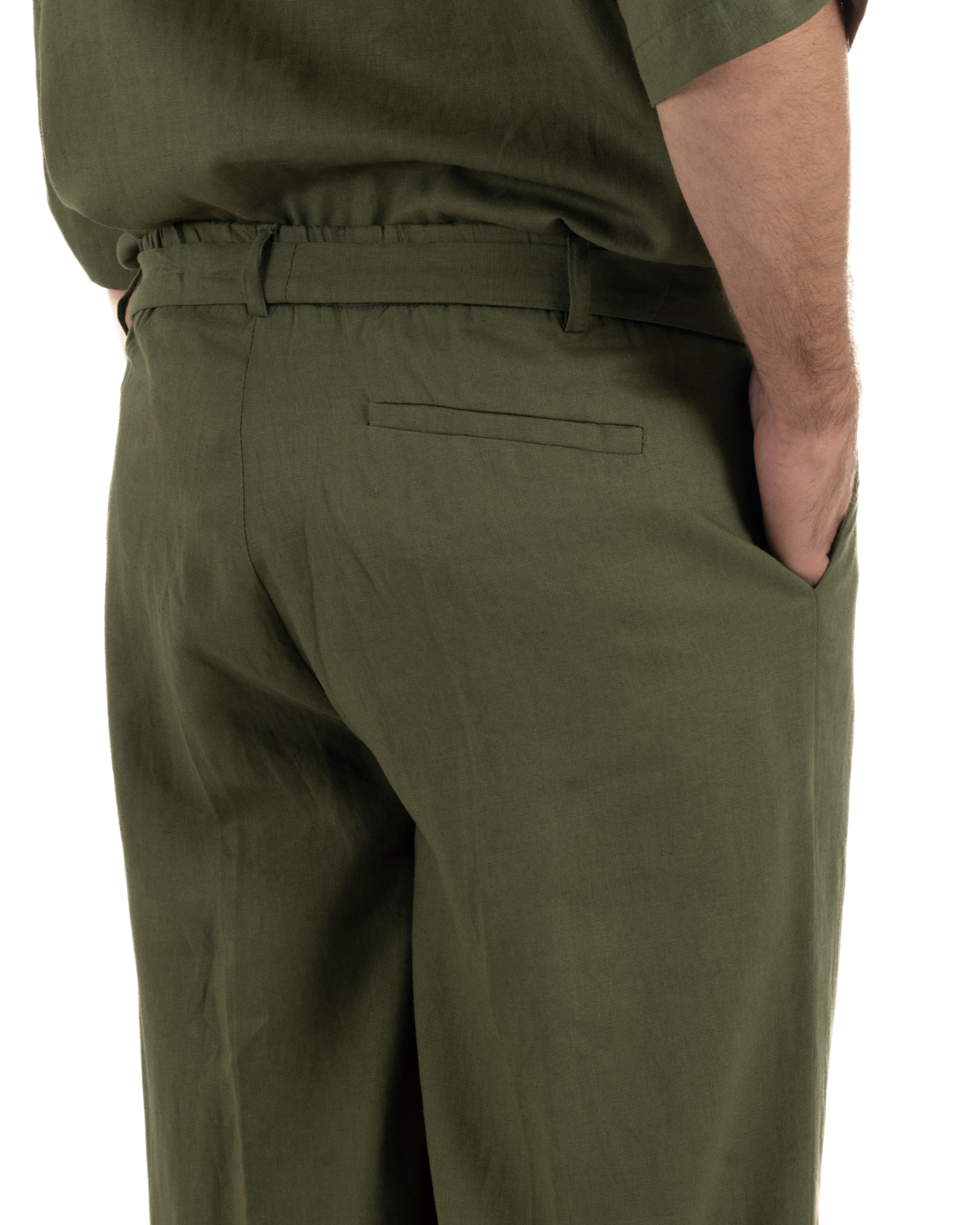 Pantaloni lino uomo baggy fit fondo ampio cintura verde militare GIOSAL-P6499A