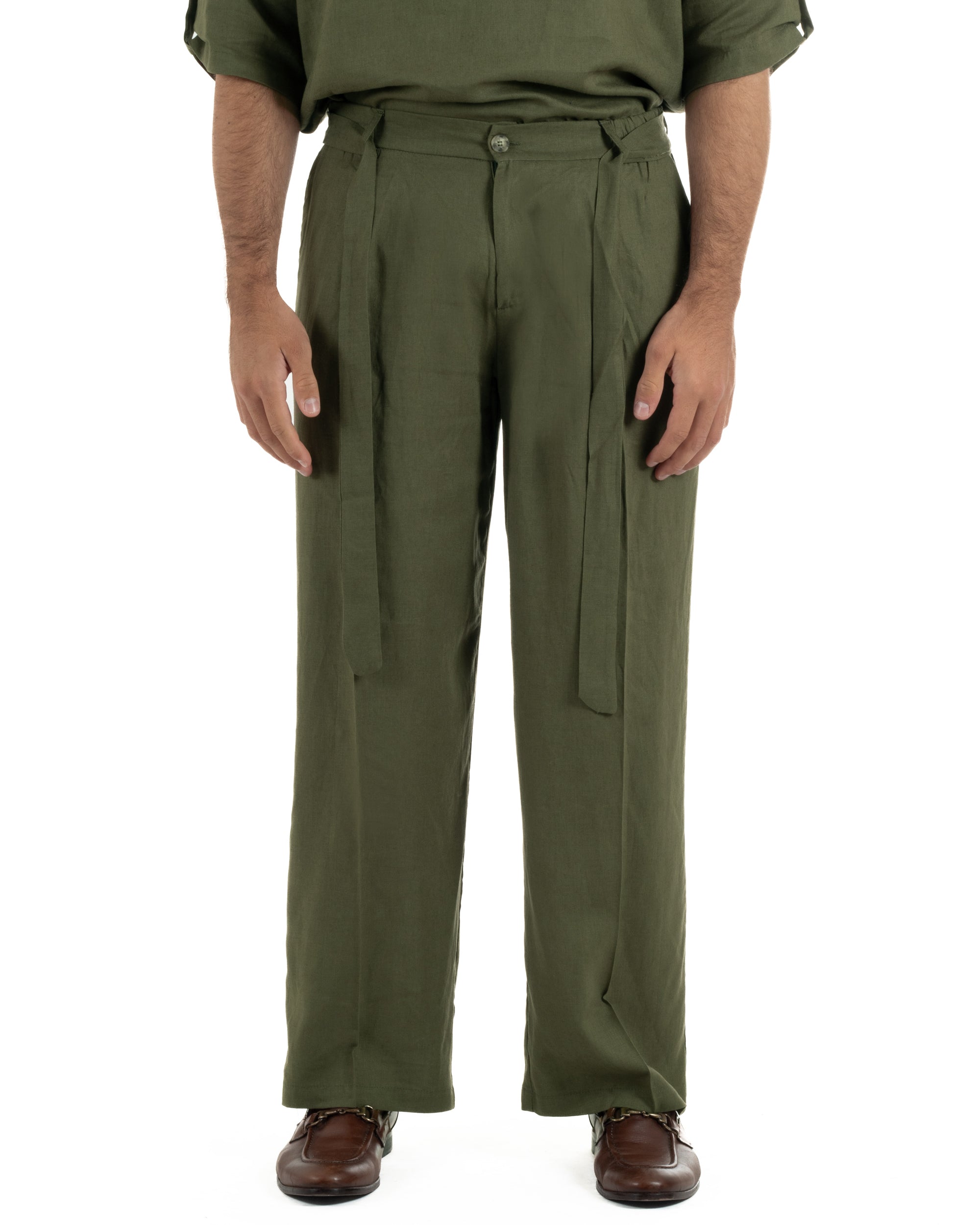 Pantaloni lino uomo baggy fit fondo ampio cintura verde militare GIOSAL-P6499A