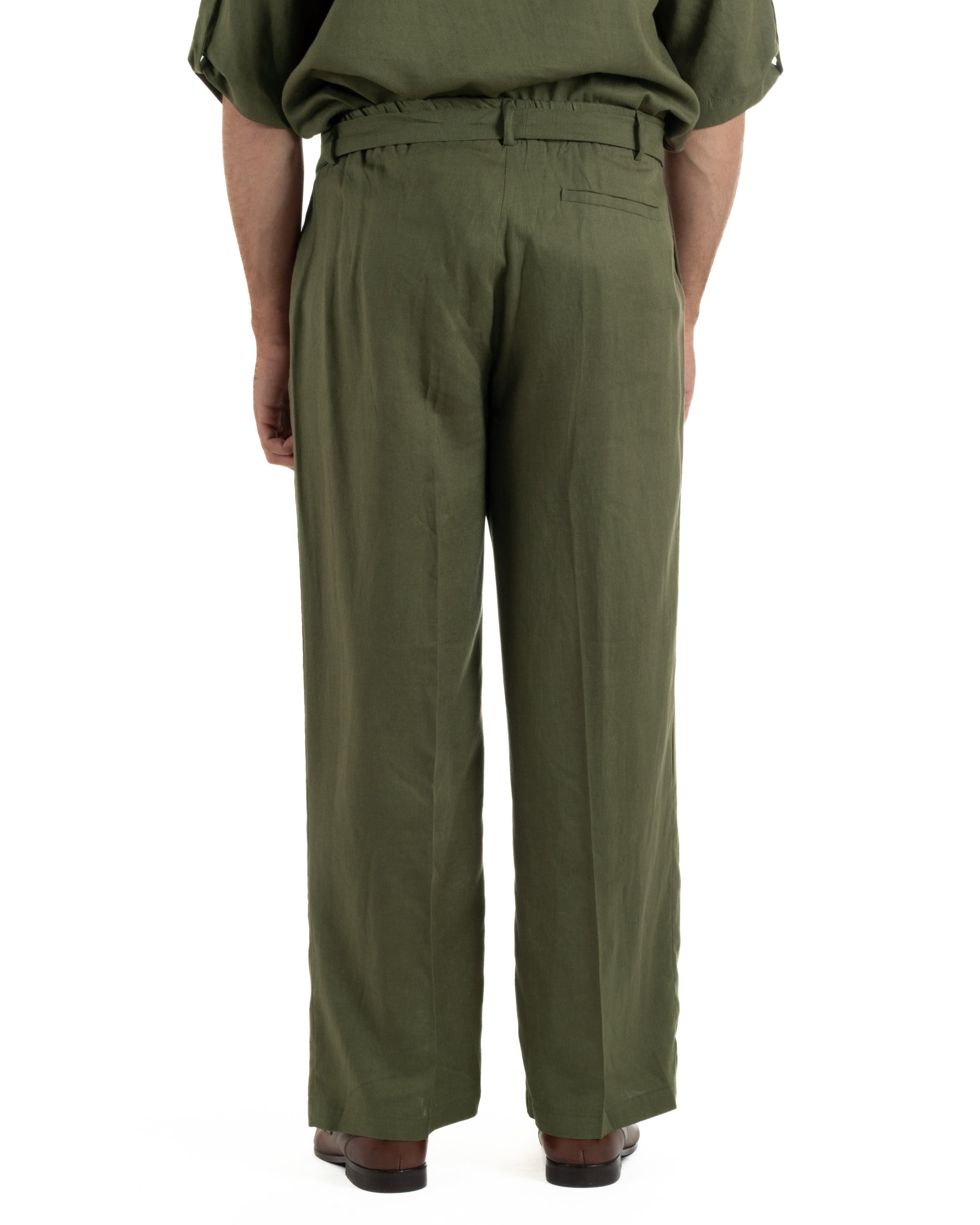 Pantaloni lino uomo baggy fit fondo ampio cintura verde militare GIOSAL-P6499A
