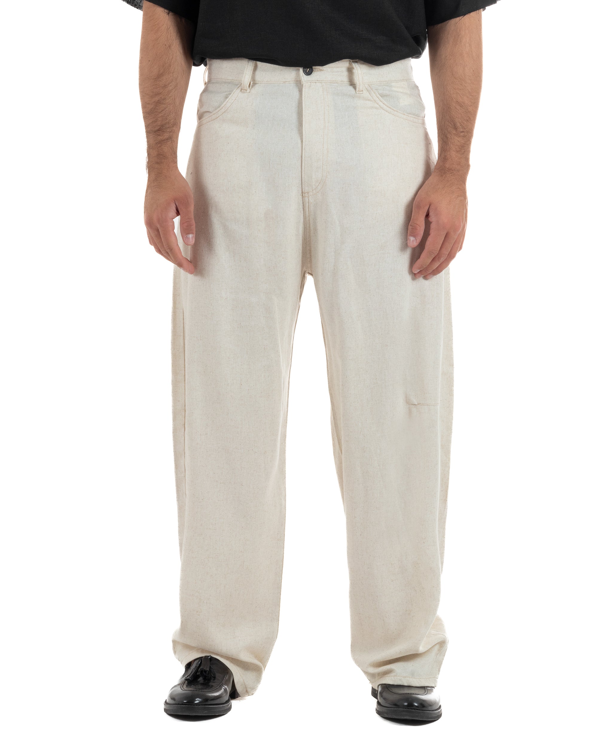 Pantaloni lino beige uomo baggy fit cinque tasche ricamo casual raffinato made in Italy Giosal