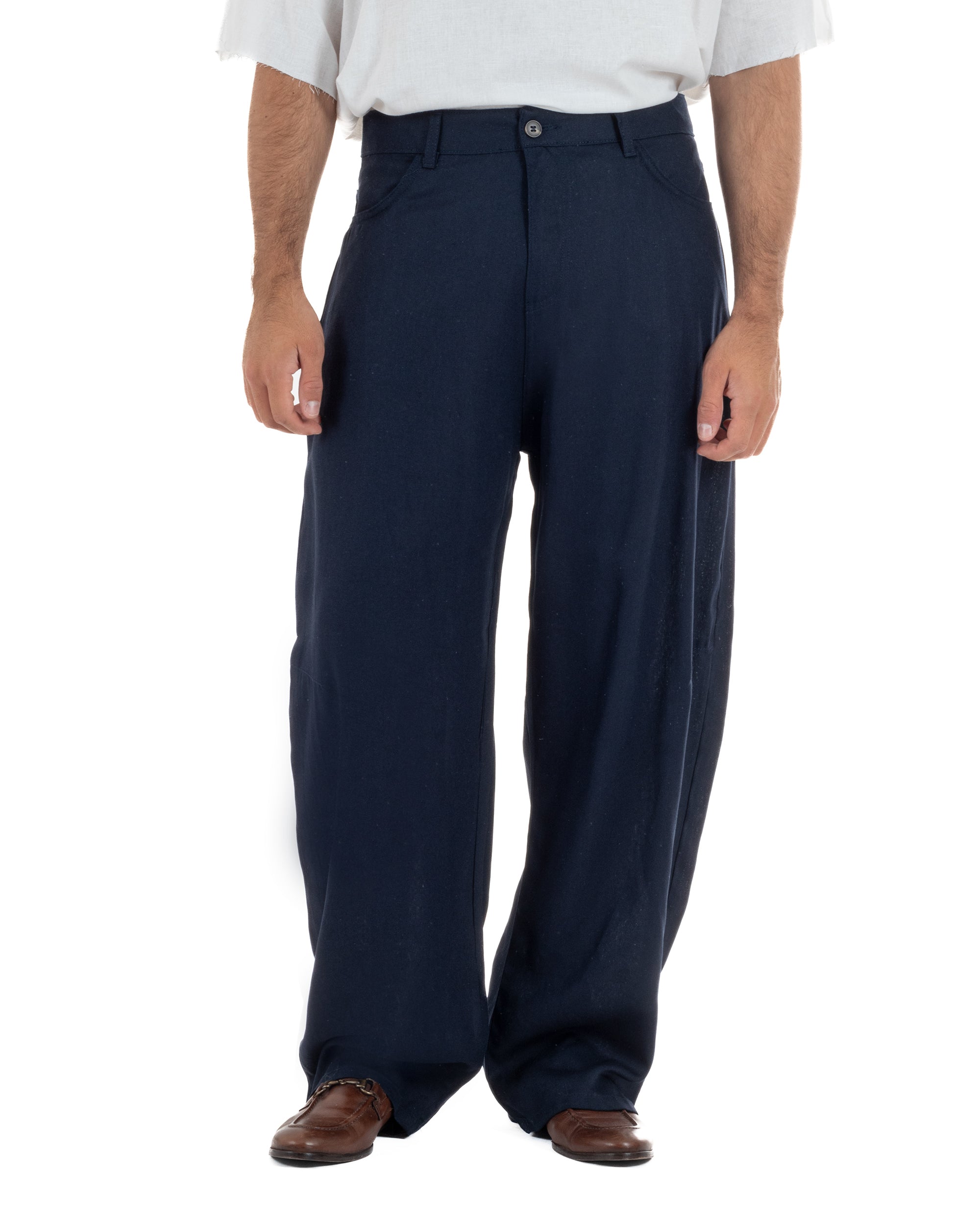Pantaloni uomo lino baggy fit cinque tasche blu GIOSAL-P6501A