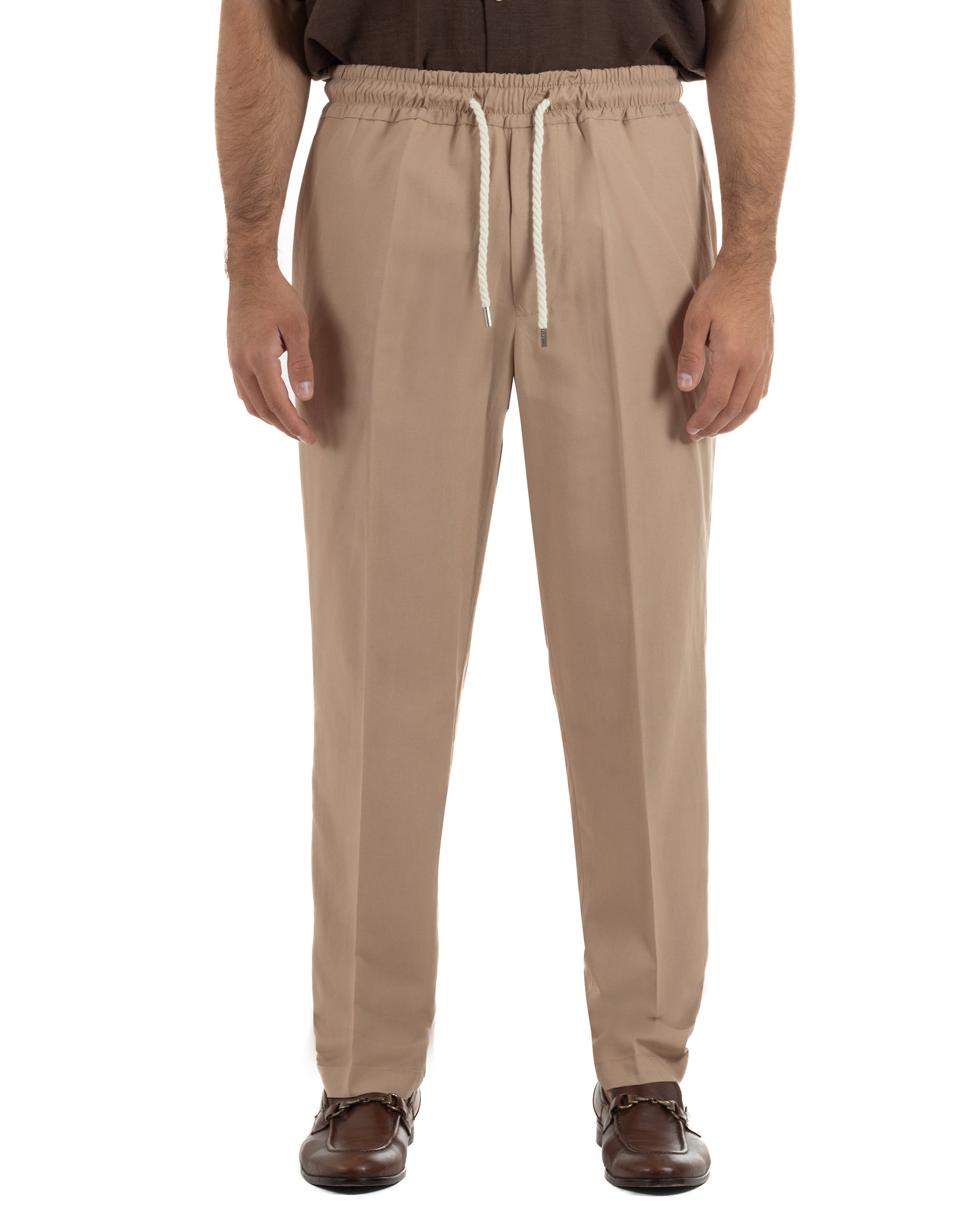 Pantalaccio uomo lino viscosa pantaloni coulisse relaxed fit camel BERNA M-261226