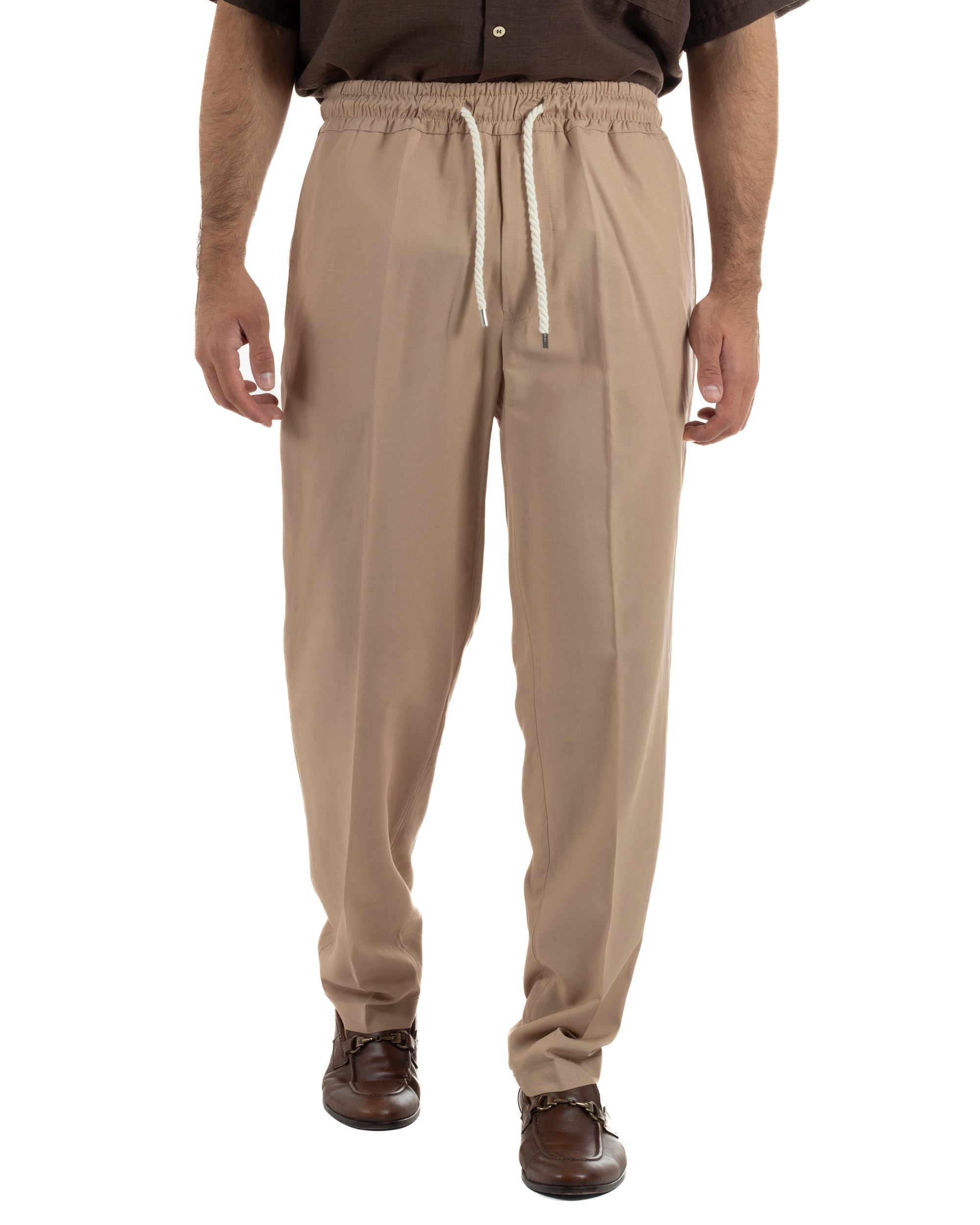 Pantalaccio uomo lino viscosa pantaloni coulisse relaxed fit camel BERNA M-261226