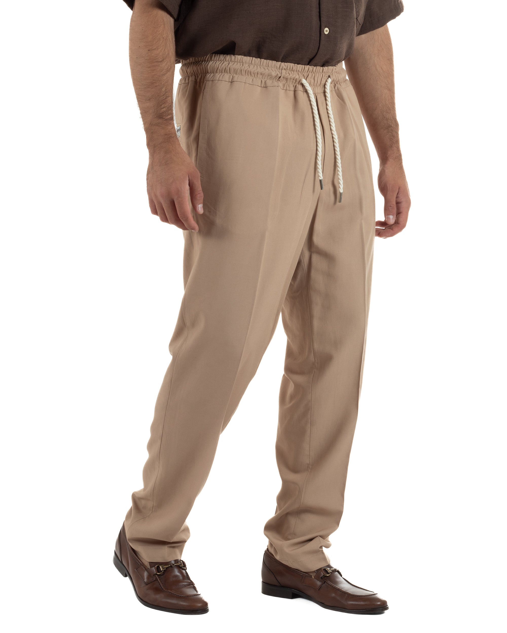 Pantalaccio uomo lino viscosa pantaloni coulisse relaxed fit camel BERNA M-261226