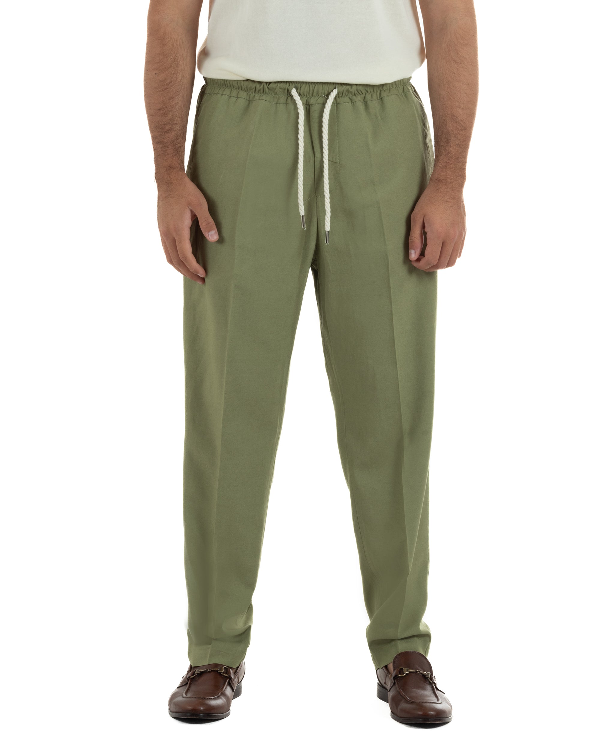 Pantalaccio uomo lino viscosa pantaloni coulisse relaxed fit verde militare BERNA M-261226