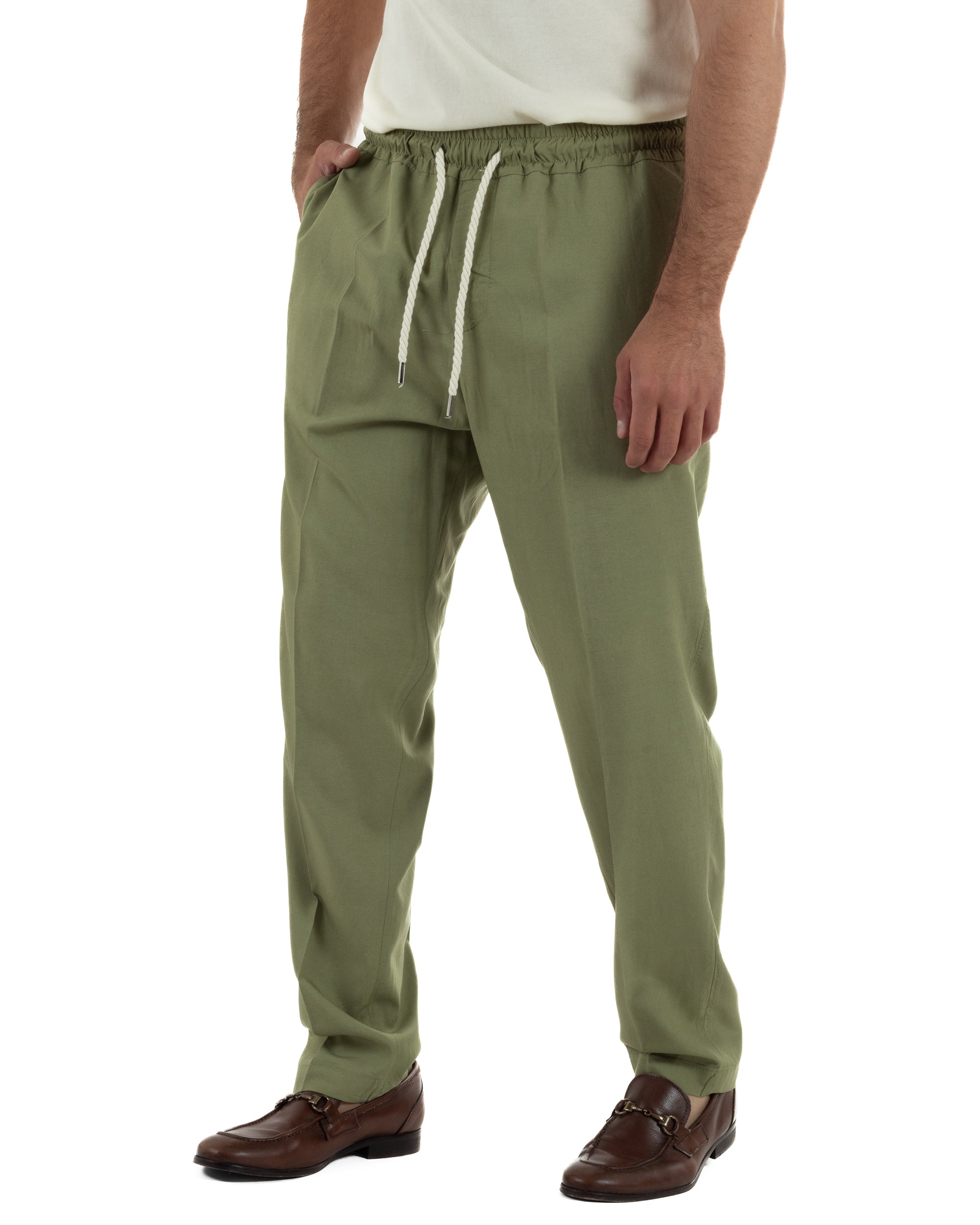 Pantalaccio uomo lino viscosa pantaloni coulisse relaxed fit verde militare BERNA M-261226
