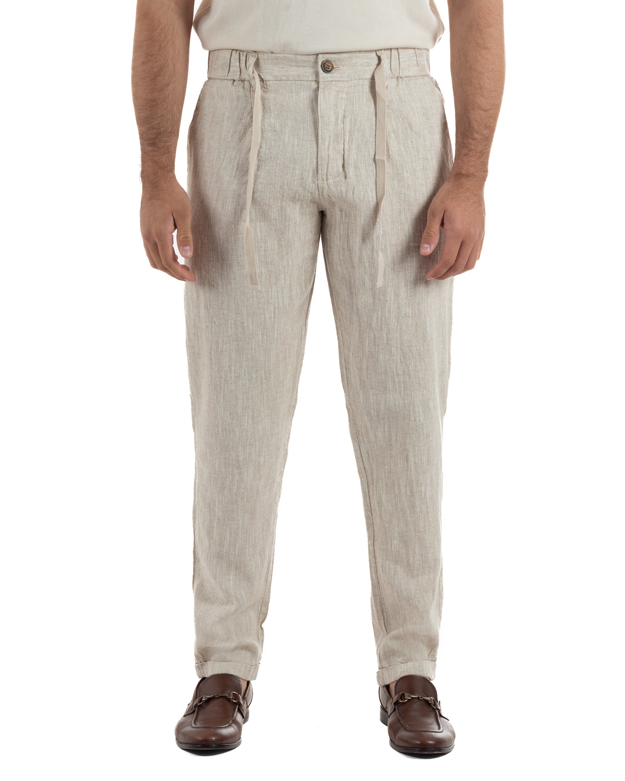 Pantaloni pantalaccio uomo lino sartoriale coulisse beige melangiato GIOSAL-P6508A