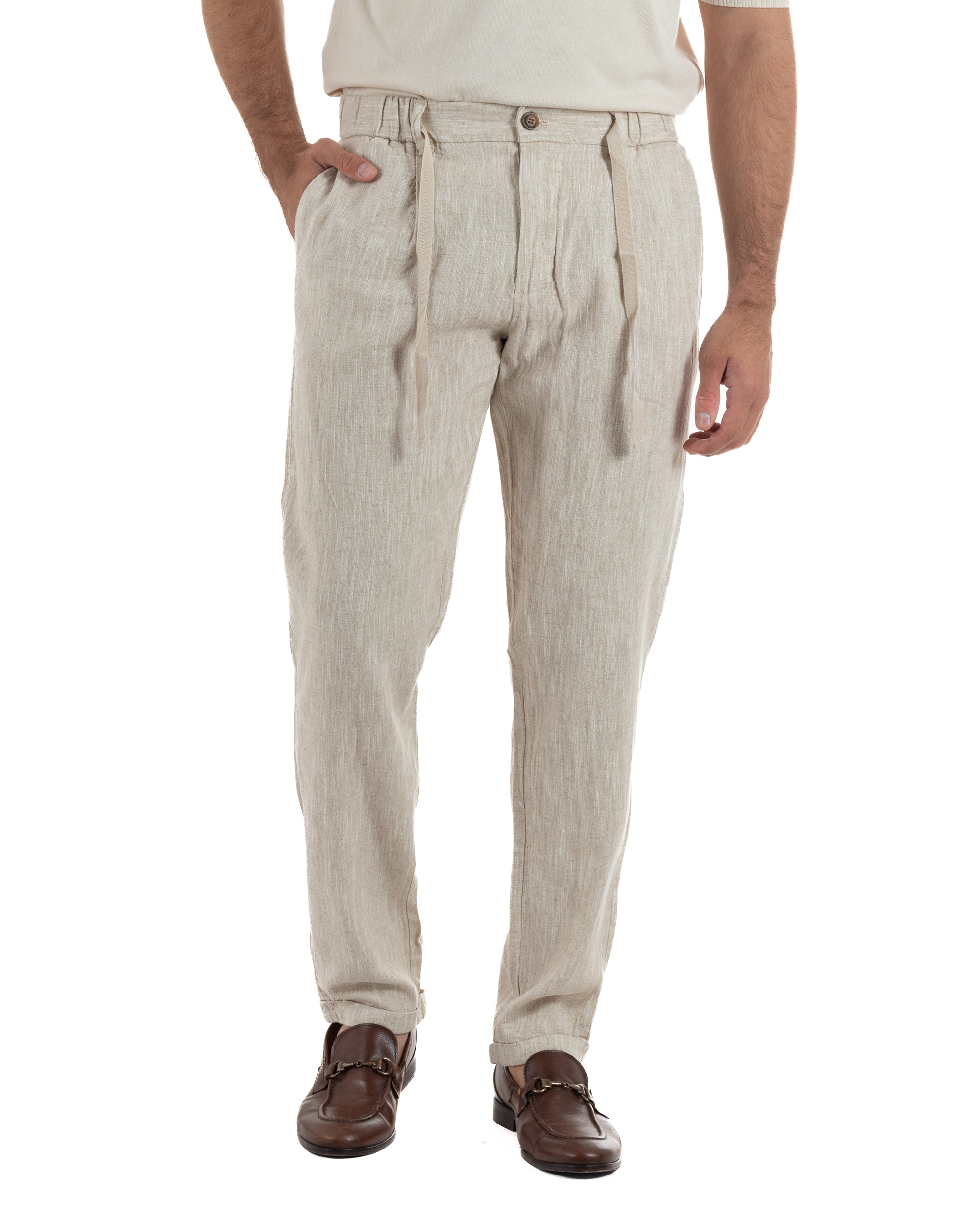 Pantaloni pantalaccio uomo lino sartoriale coulisse beige melangiato GIOSAL-P6508A
