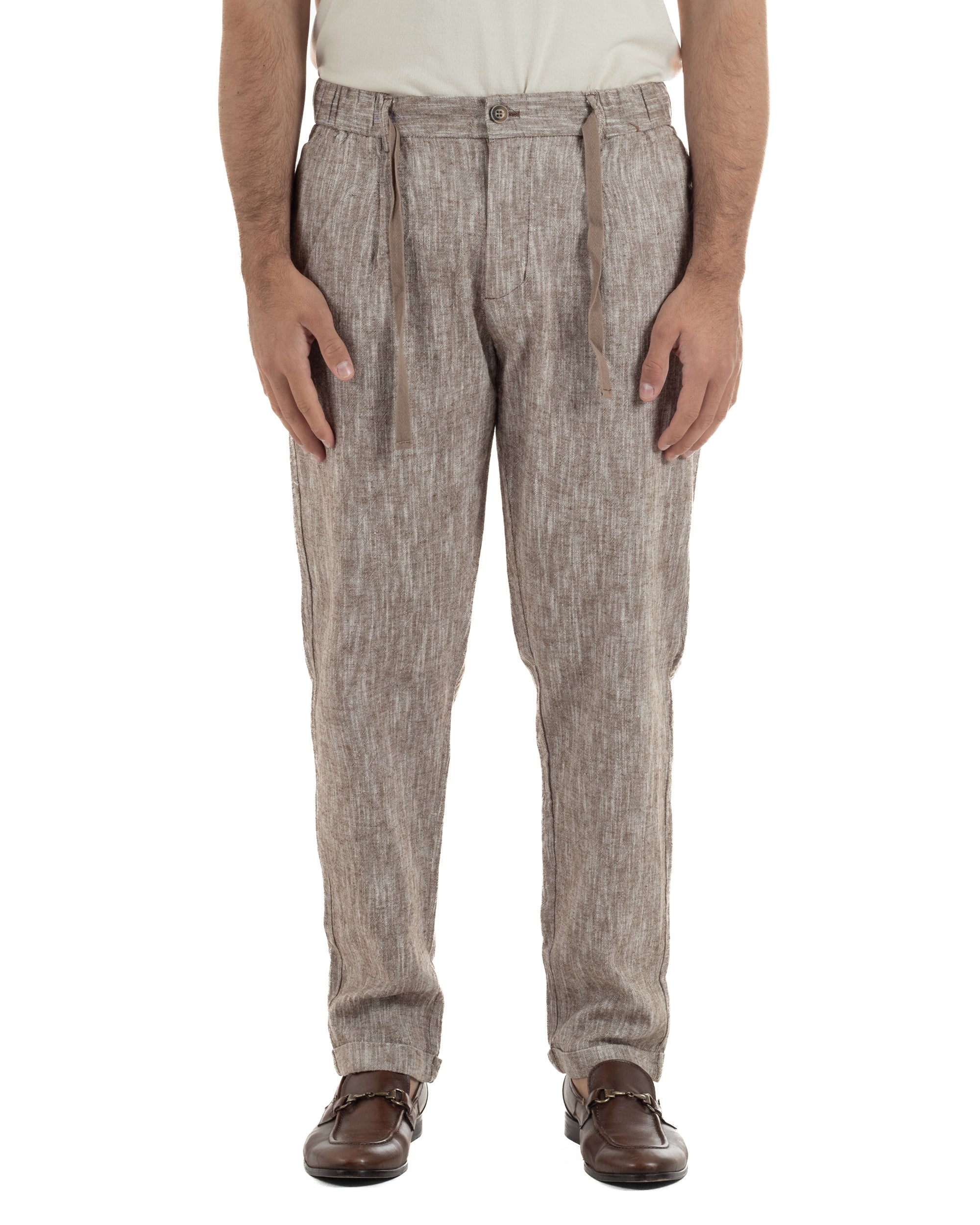 Pantaloni pantalaccio uomo lino sartoriale coulisse fango melangiato GIOSAL-P6509A