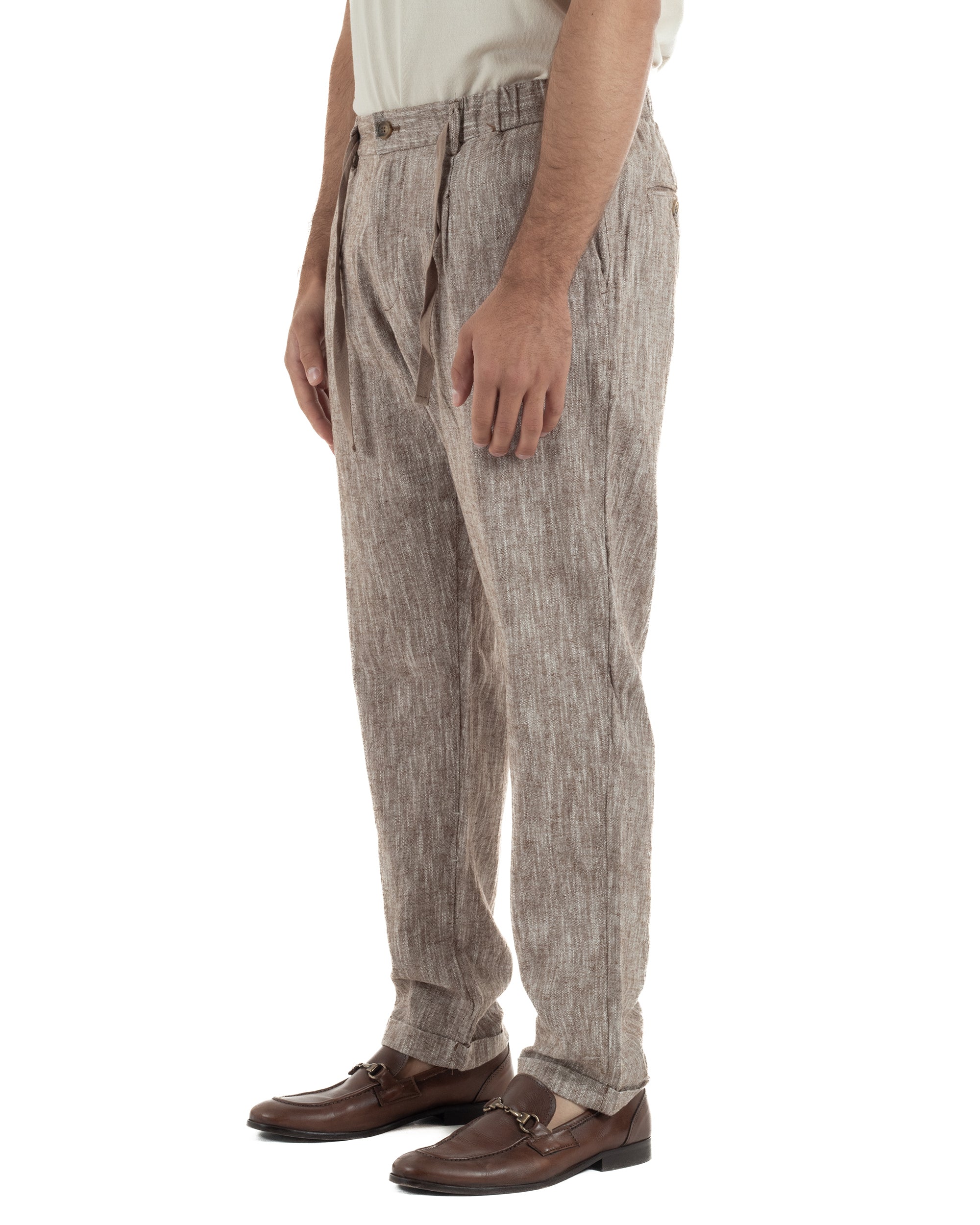 Pantaloni pantalaccio uomo lino sartoriale coulisse fango melangiato GIOSAL-P6509A