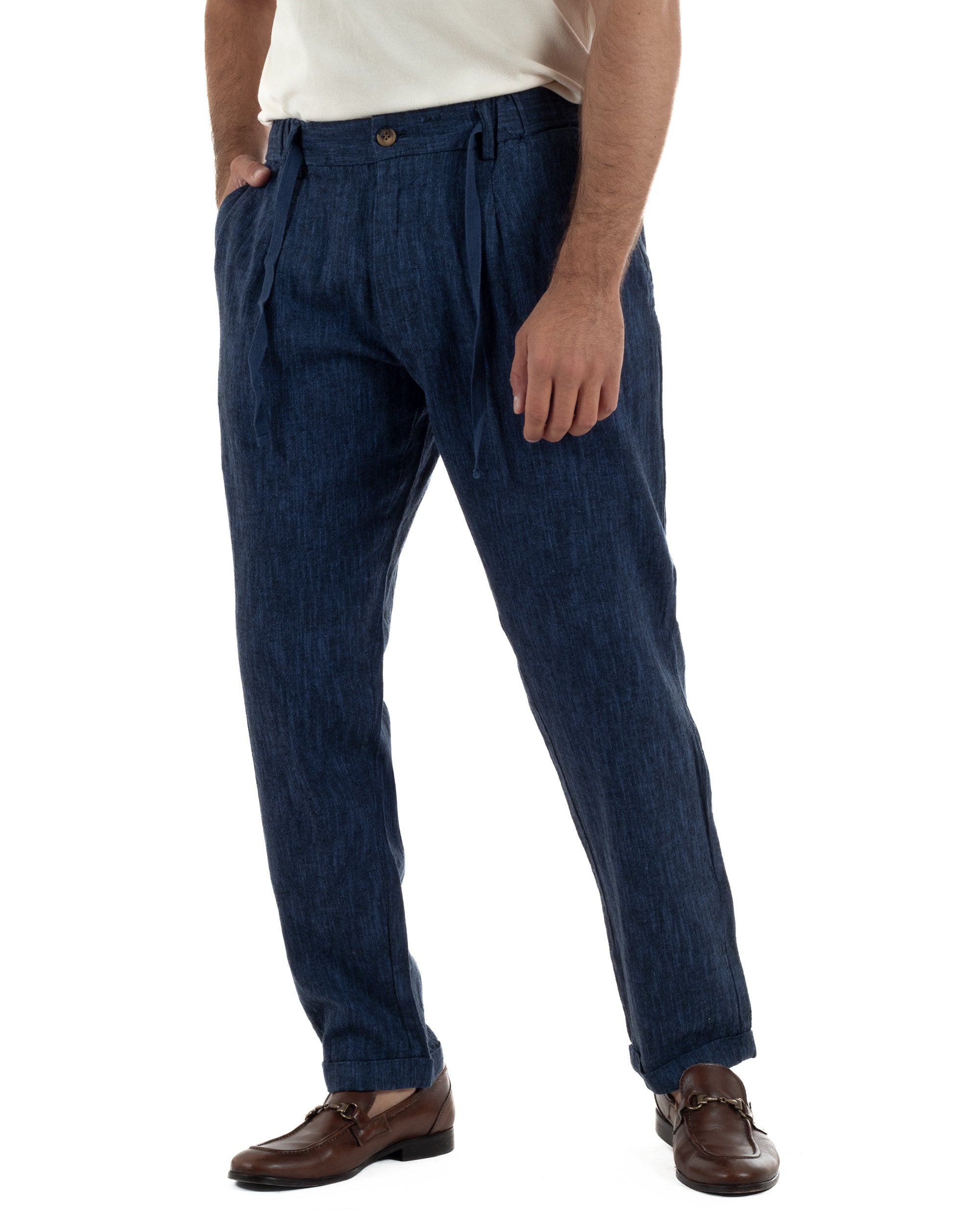 Pantaloni pantalaccio uomo lino sartoriale coulisse blu melangiato GIOSAL-P6510A