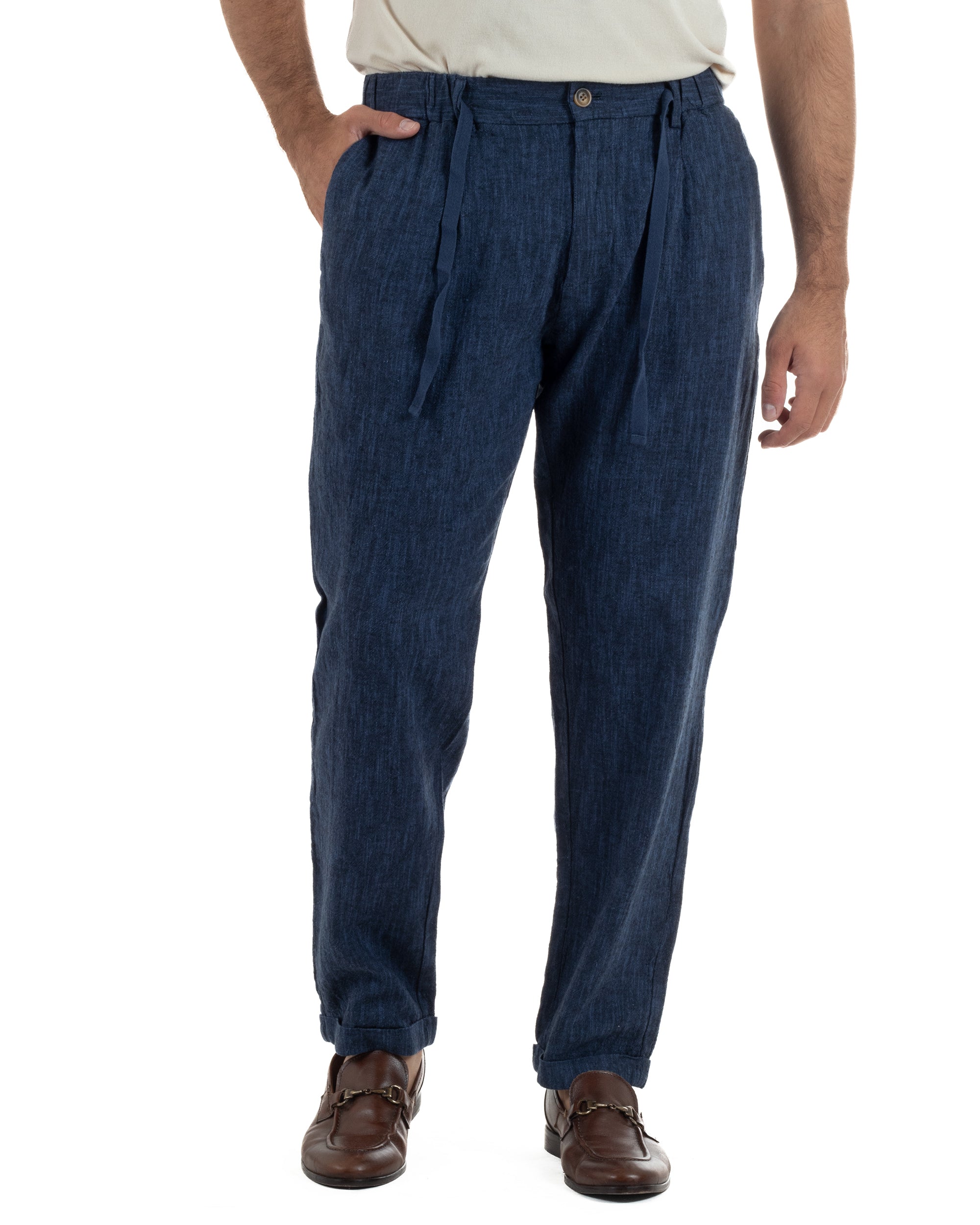 Pantaloni pantalaccio uomo lino sartoriale coulisse blu melangiato GIOSAL-P6510A