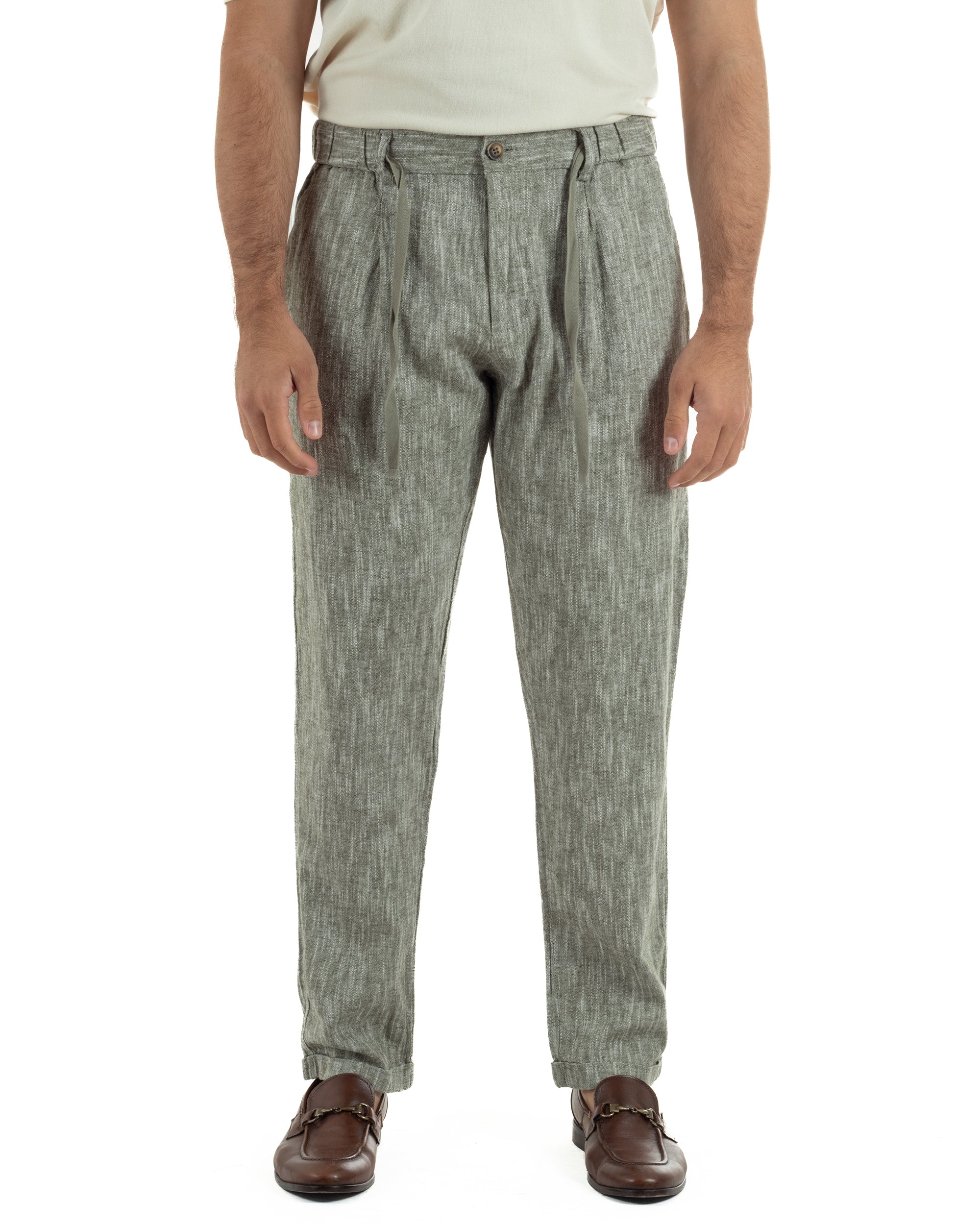 Pantaloni pantalaccio uomo lino sartoriale coulisse verde melangiato GIOSAL-P6511A