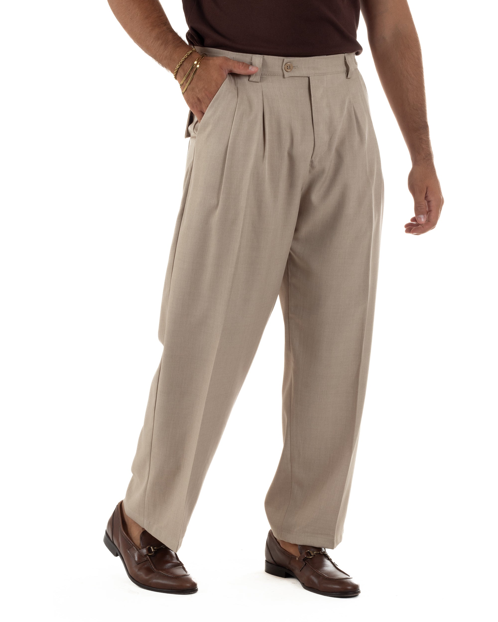Pantaloni uomo gurkha doppia pinces fondo largo beige melangiato GIOSAL-P6512A