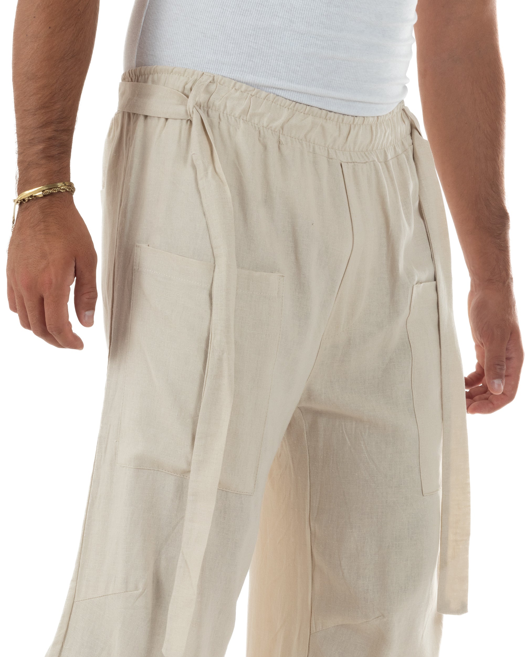 Pantaloni lino uomo baggy fit tasconi cintura beige GIOSAL-P6517A