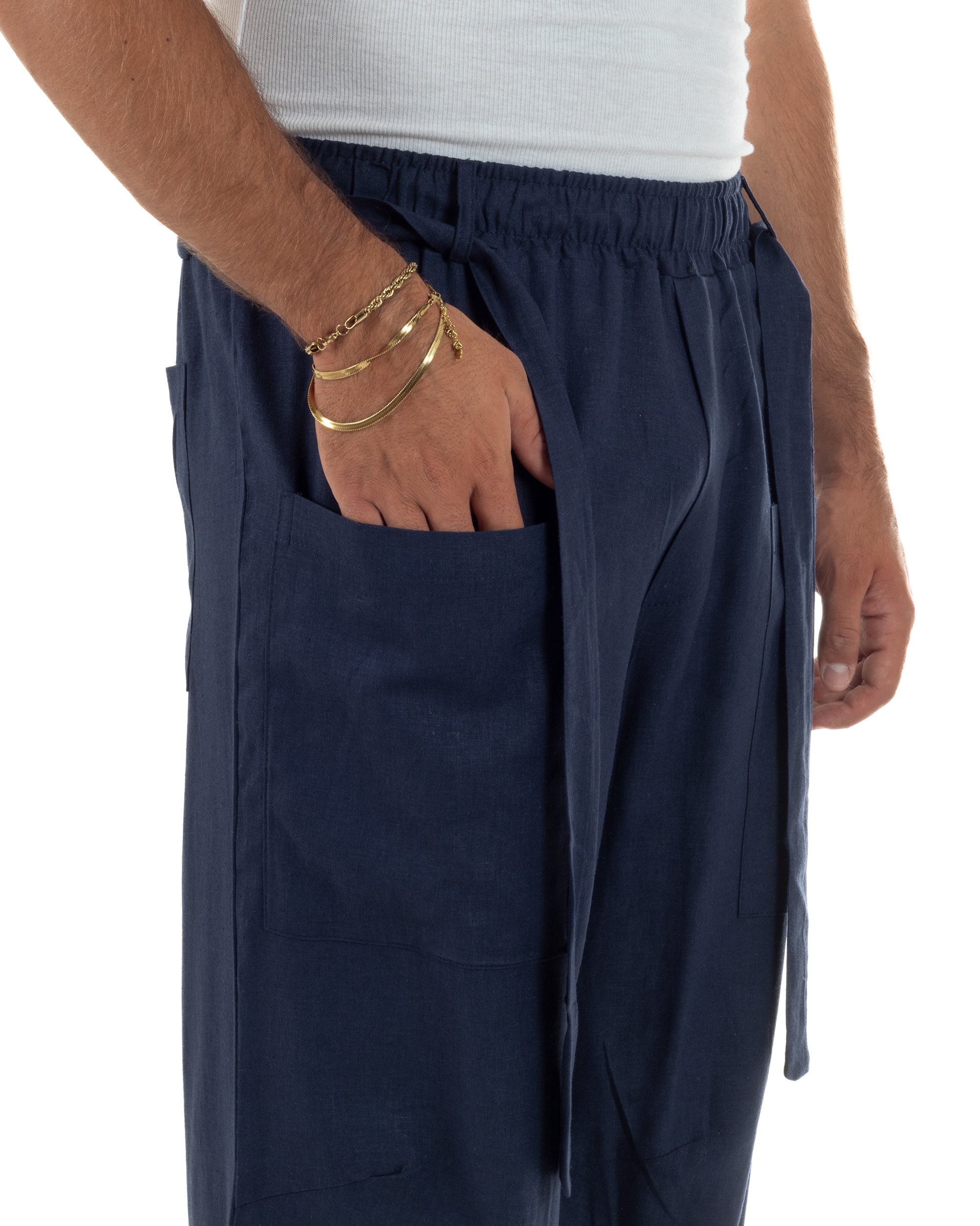 Pantaloni lino uomo baggy fit tasconi cintura blu GIOSAL-P6518A