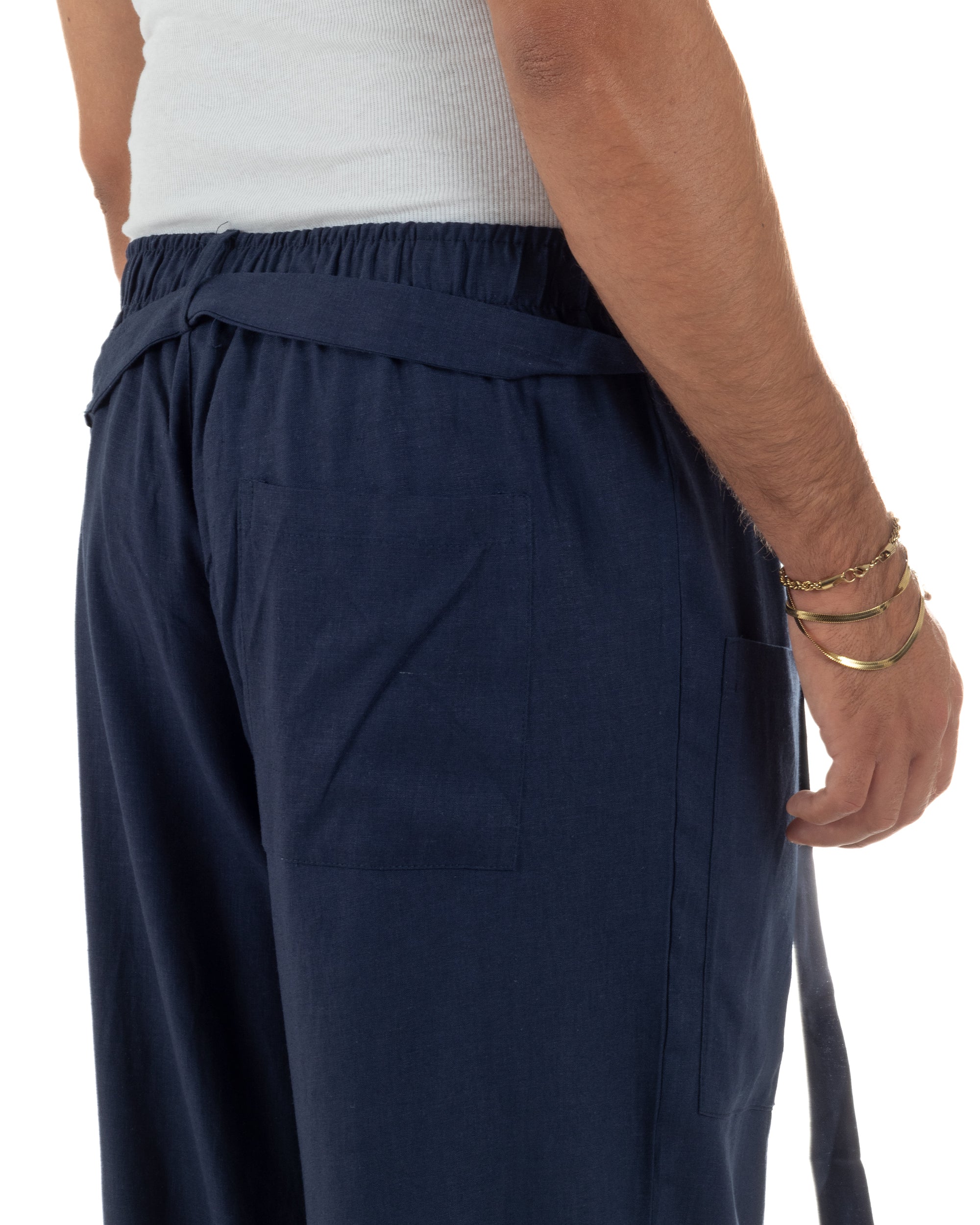 Pantaloni lino uomo baggy fit tasconi cintura blu GIOSAL-P6518A