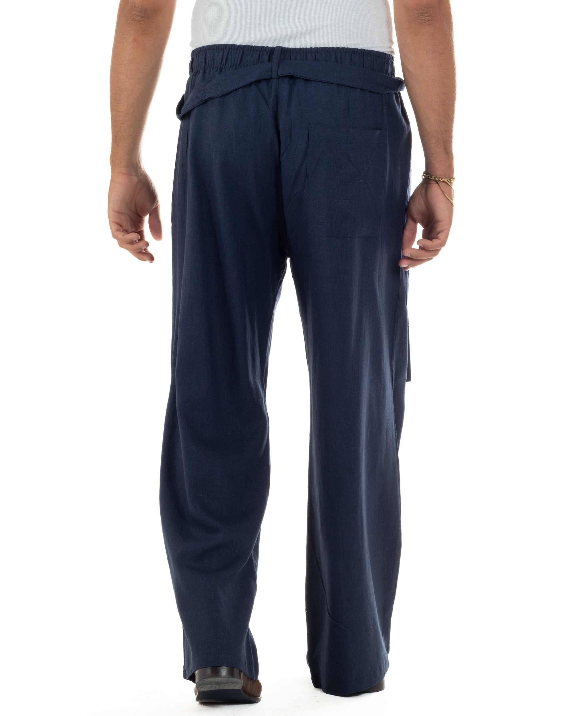 Pantaloni lino uomo baggy fit tasconi cintura blu GIOSAL-P6518A