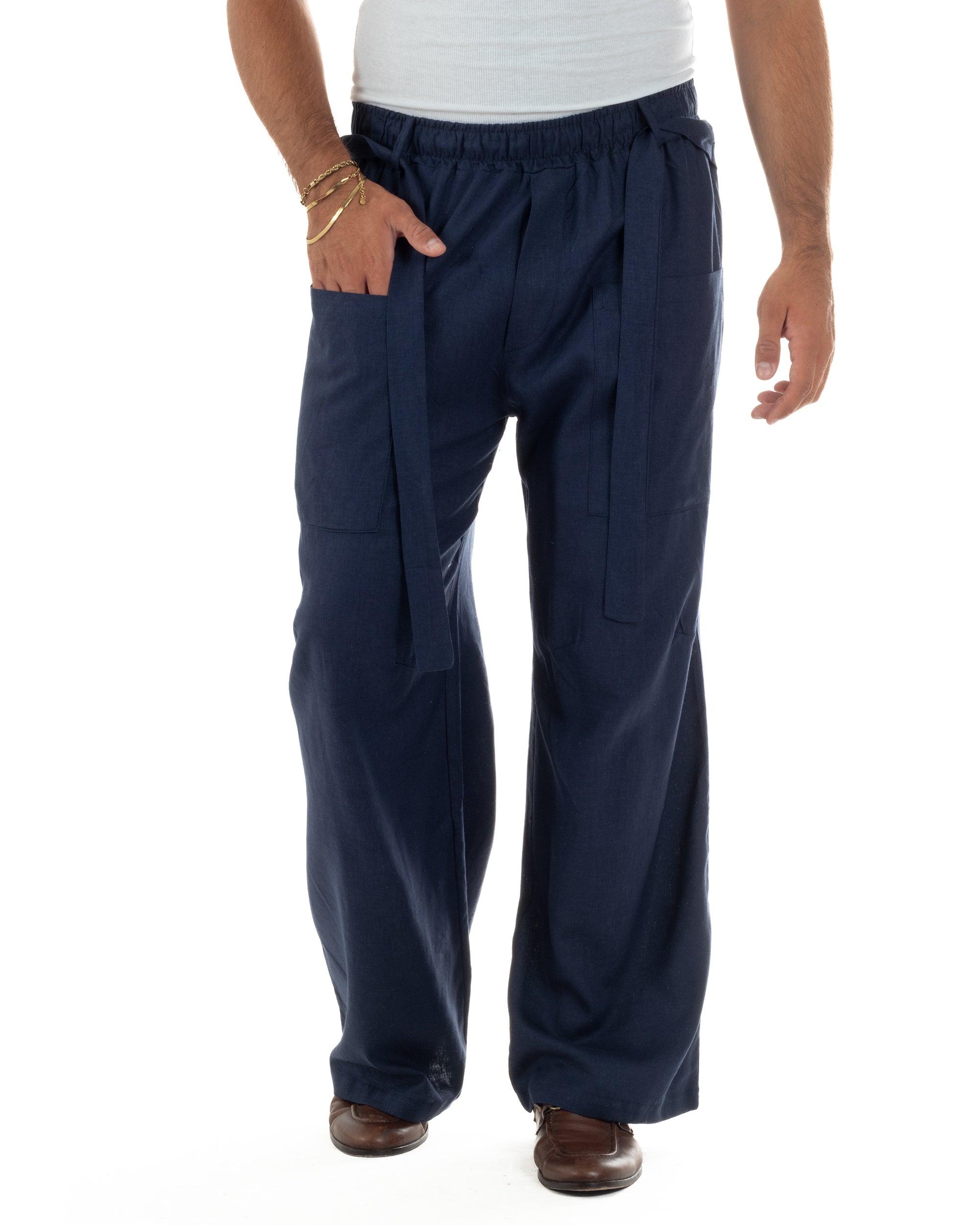 Pantaloni lino uomo baggy fit tasconi cintura blu GIOSAL-P6518A
