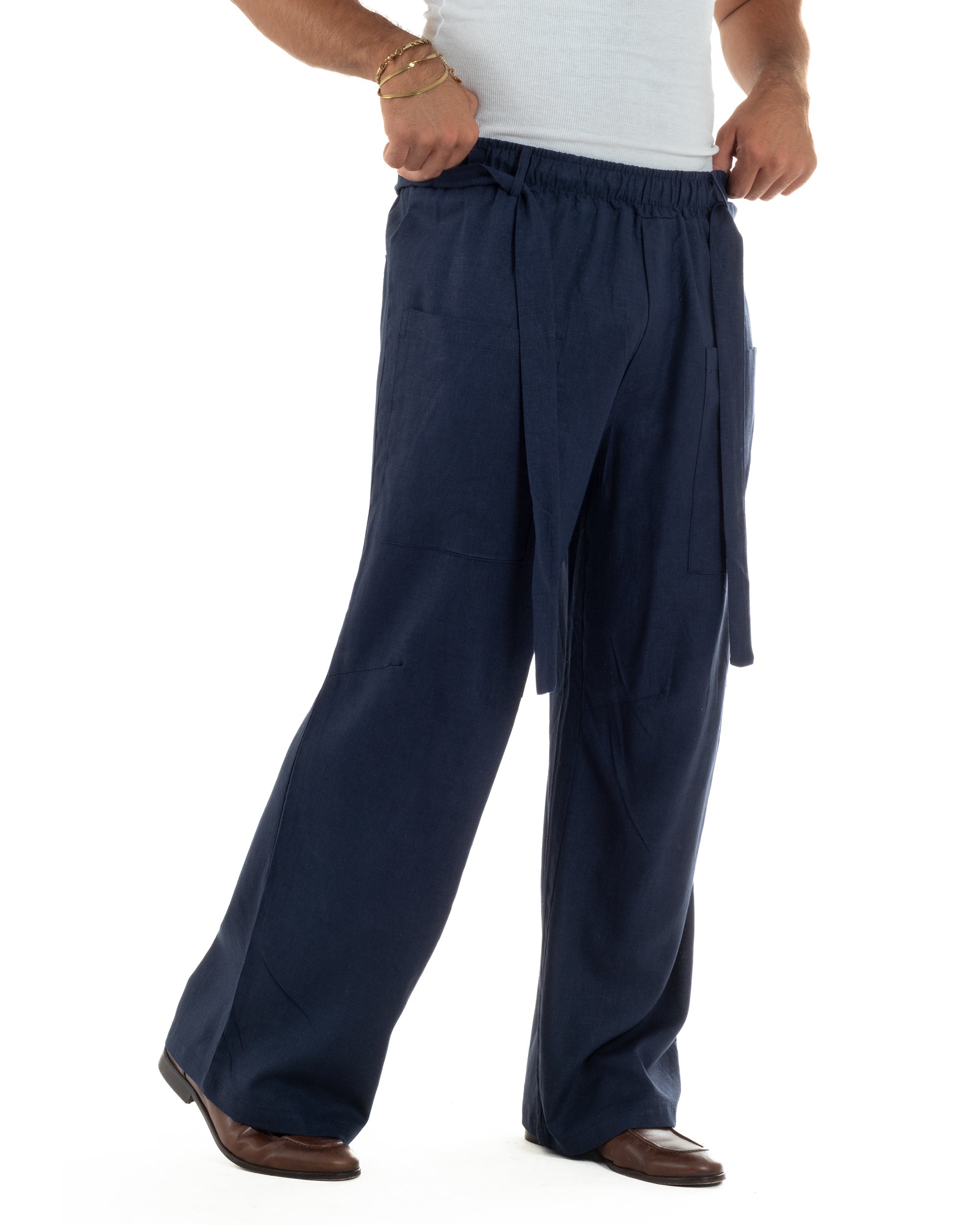 Pantaloni lino uomo baggy fit tasconi cintura blu GIOSAL-P6518A