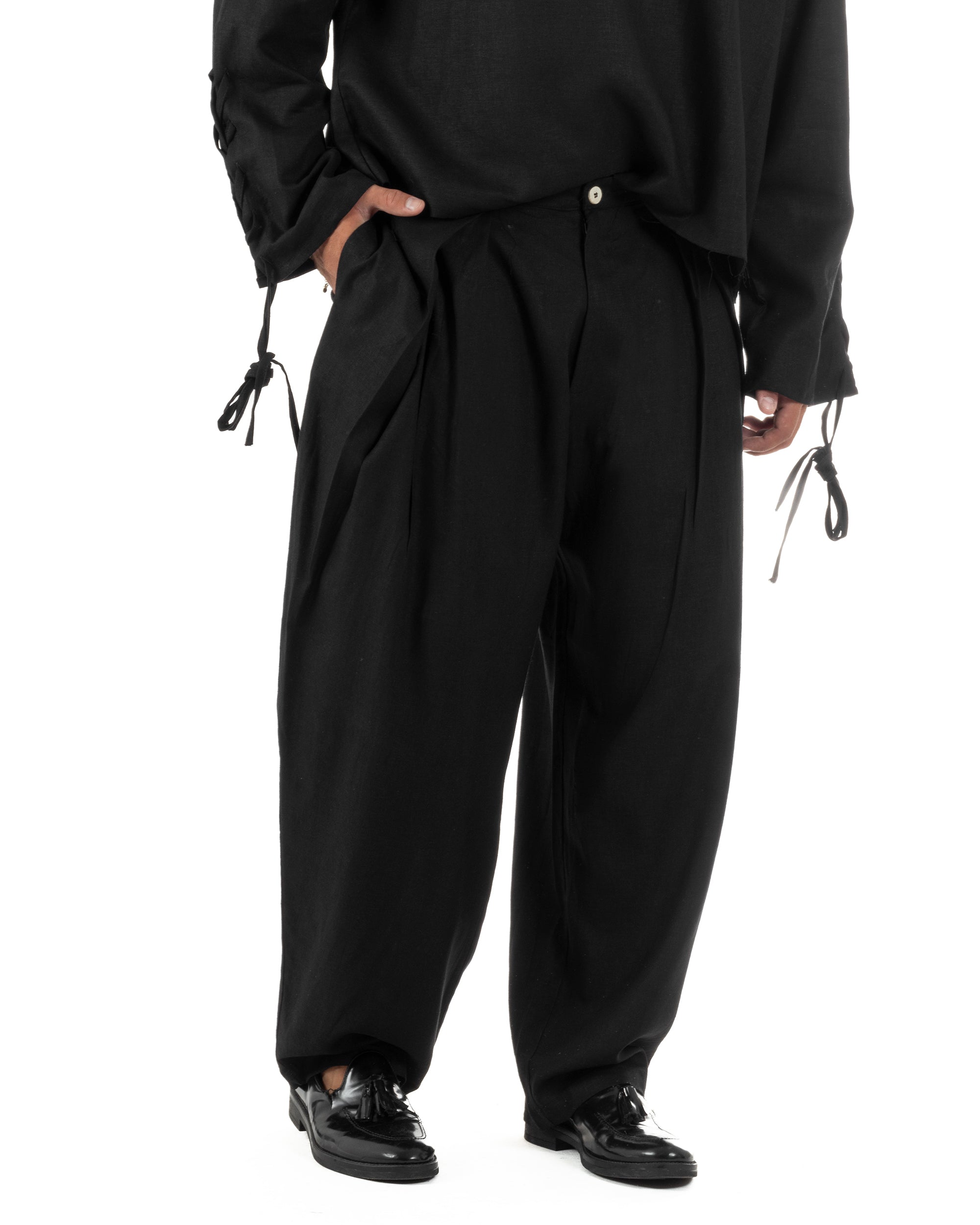 Pantaloni uomo lino baggy wide fit pinces estivo nero GIOSAL-P6519A