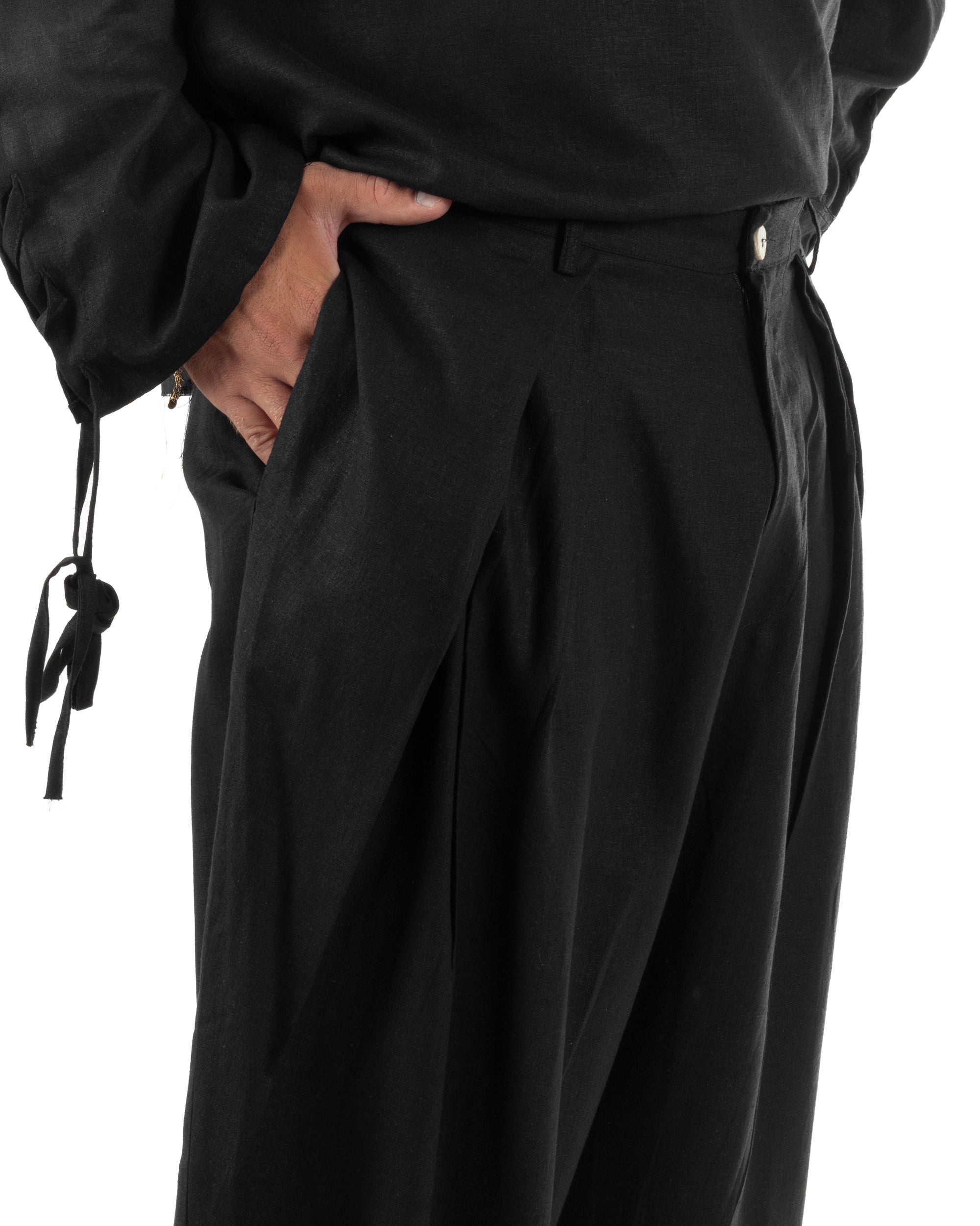 Pantaloni uomo lino baggy wide fit pinces estivo nero GIOSAL-P6519A