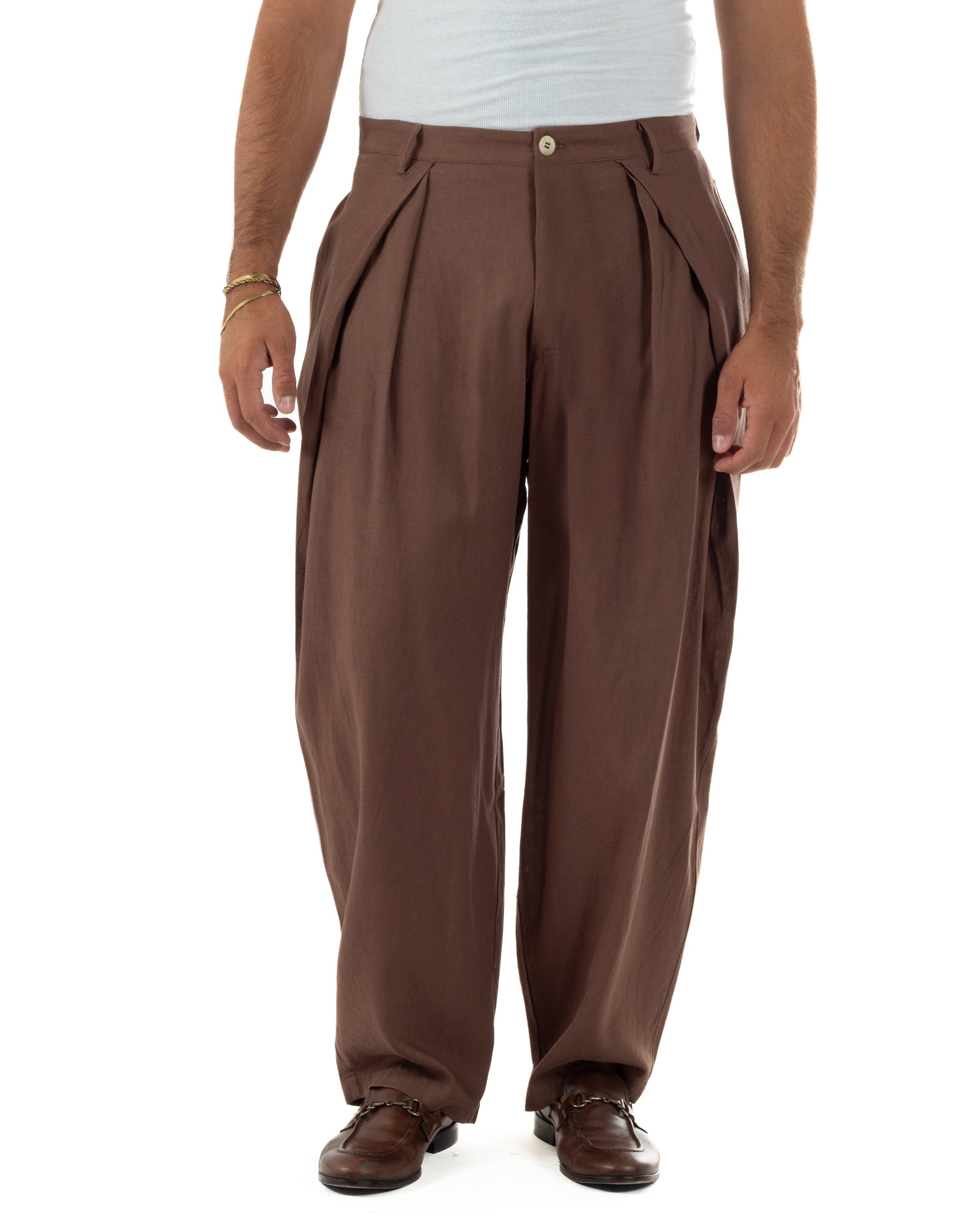 Pantaloni uomo lino baggy wide fit pinces estivo marrone GIOSAL-P6520A
