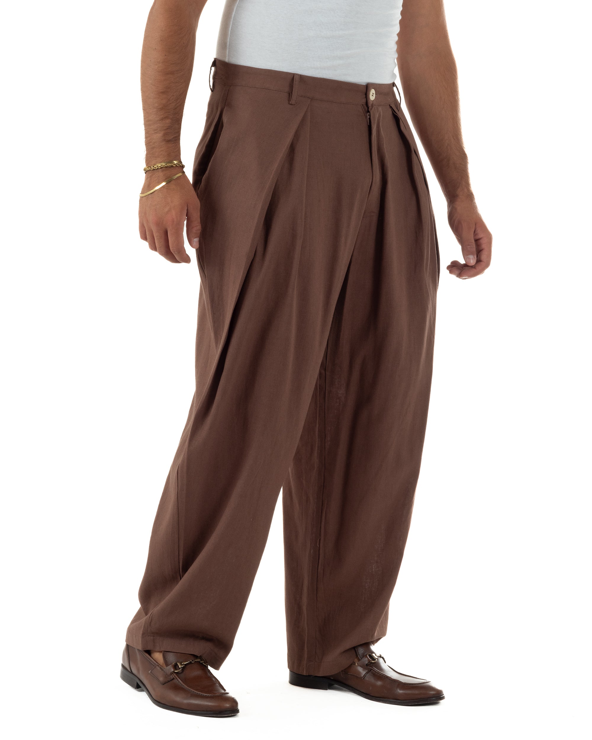 Pantaloni uomo lino baggy wide fit pinces estivo marrone GIOSAL-P6520A