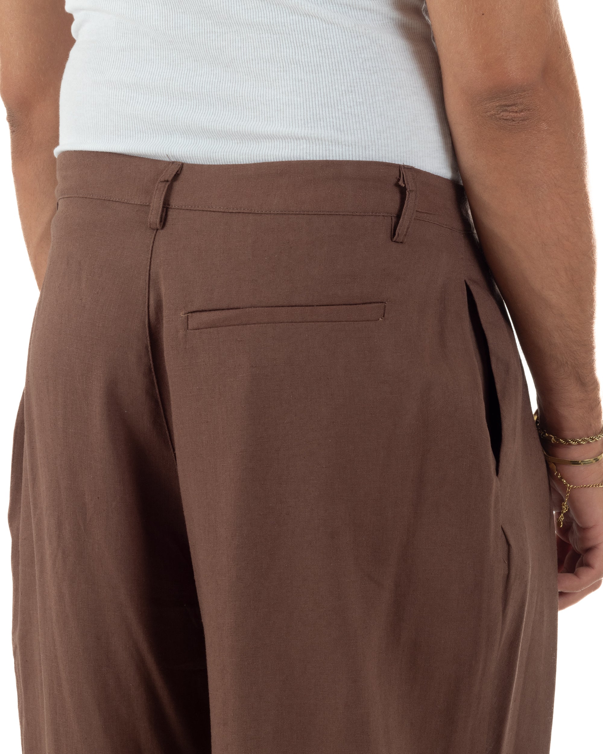 Pantaloni uomo lino baggy wide fit pinces estivo marrone GIOSAL-P6520A