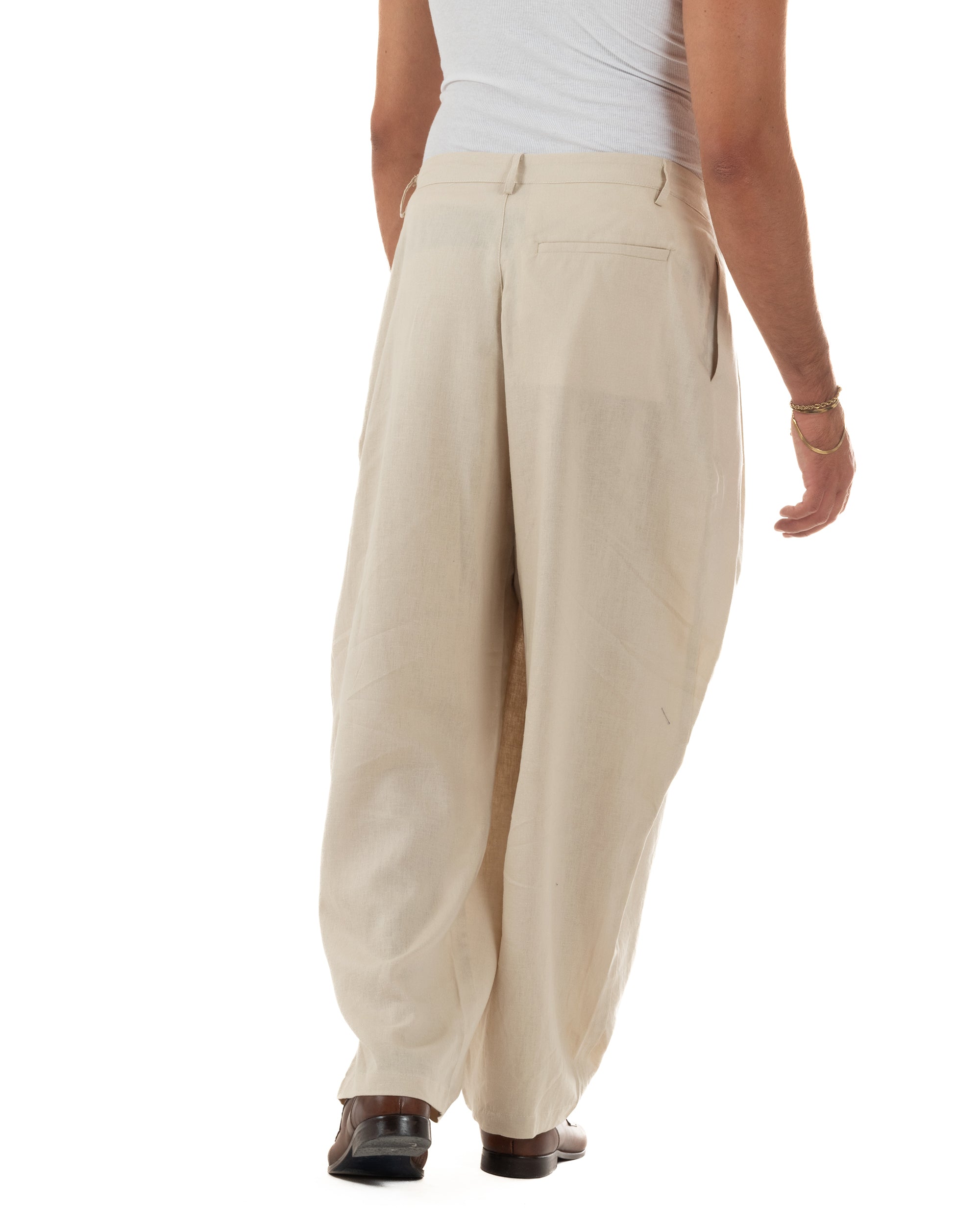 Pantaloni uomo lino baggy wide fit pinces estivo beige GIOSAL-P6521A