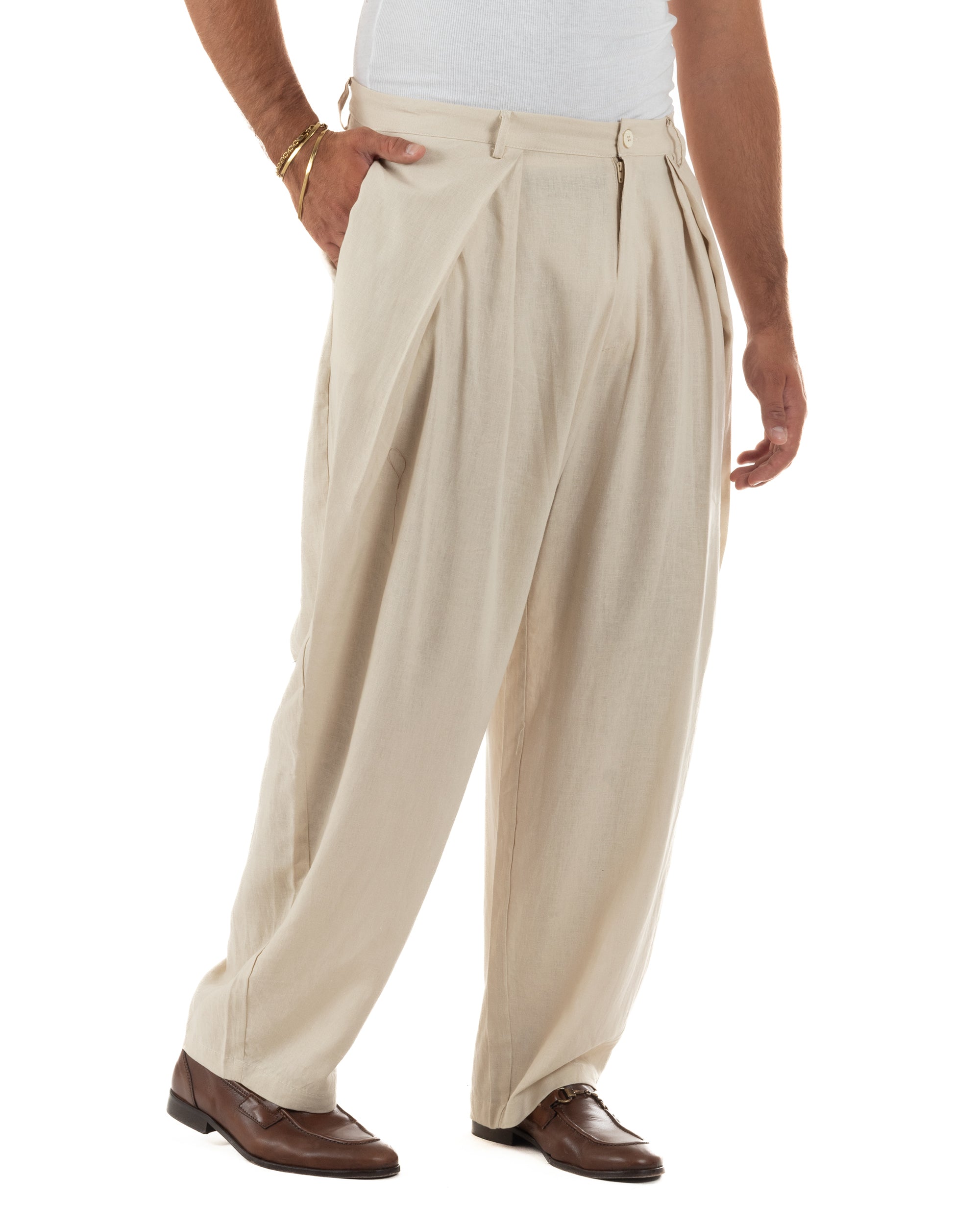 Pantaloni uomo lino baggy wide fit pinces estivo beige GIOSAL-P6521A