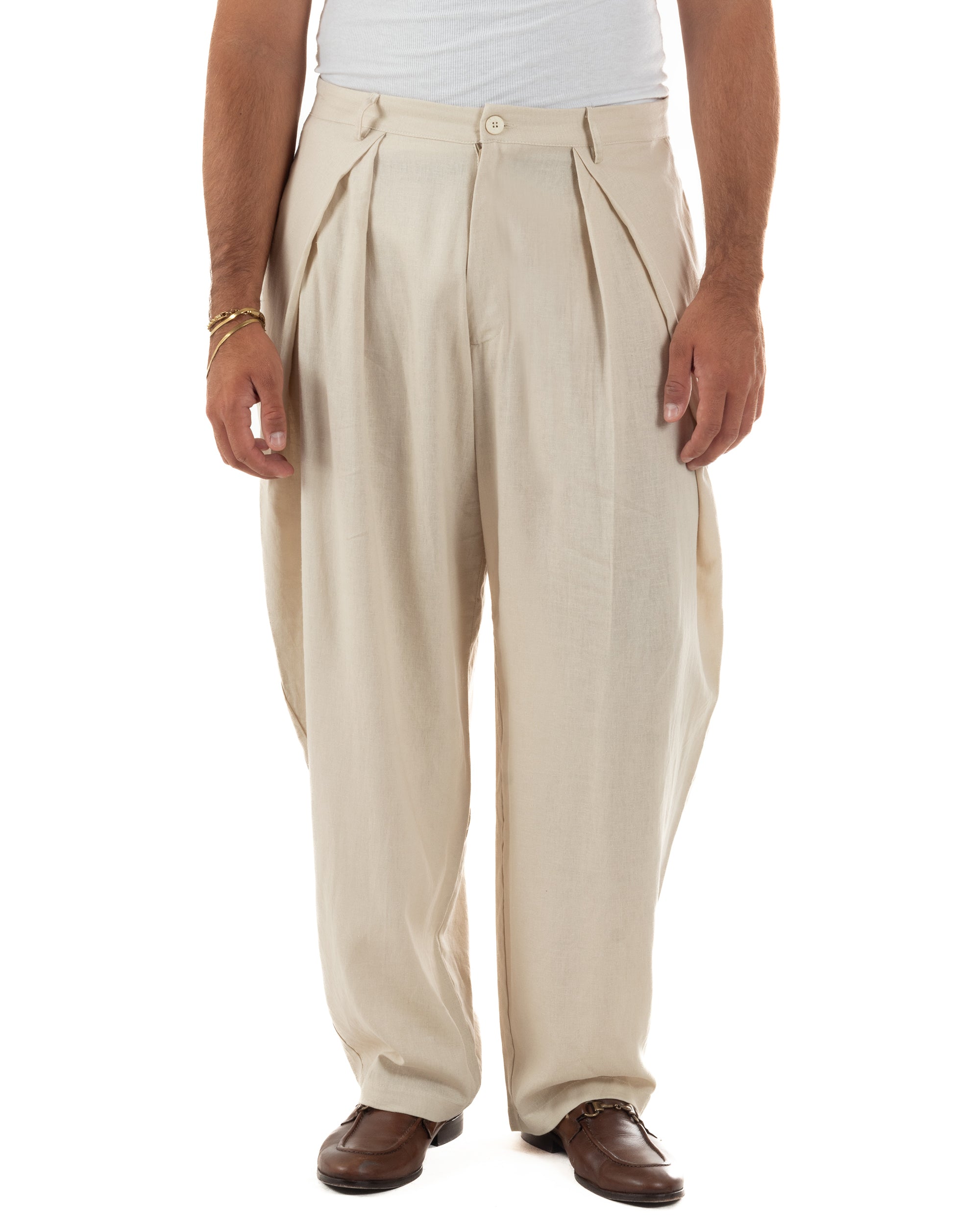 Pantaloni uomo lino baggy wide fit pinces estivo beige GIOSAL-P6521A