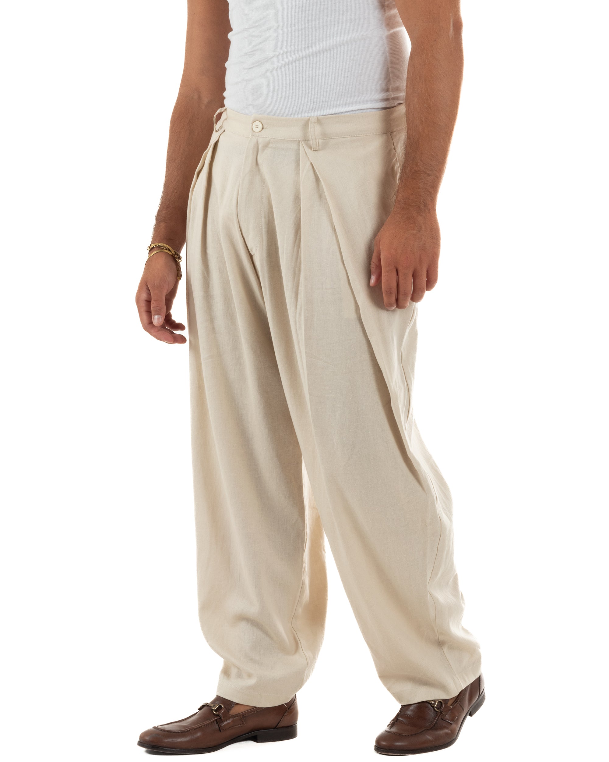 Pantaloni uomo lino baggy wide fit pinces estivo beige GIOSAL-P6521A