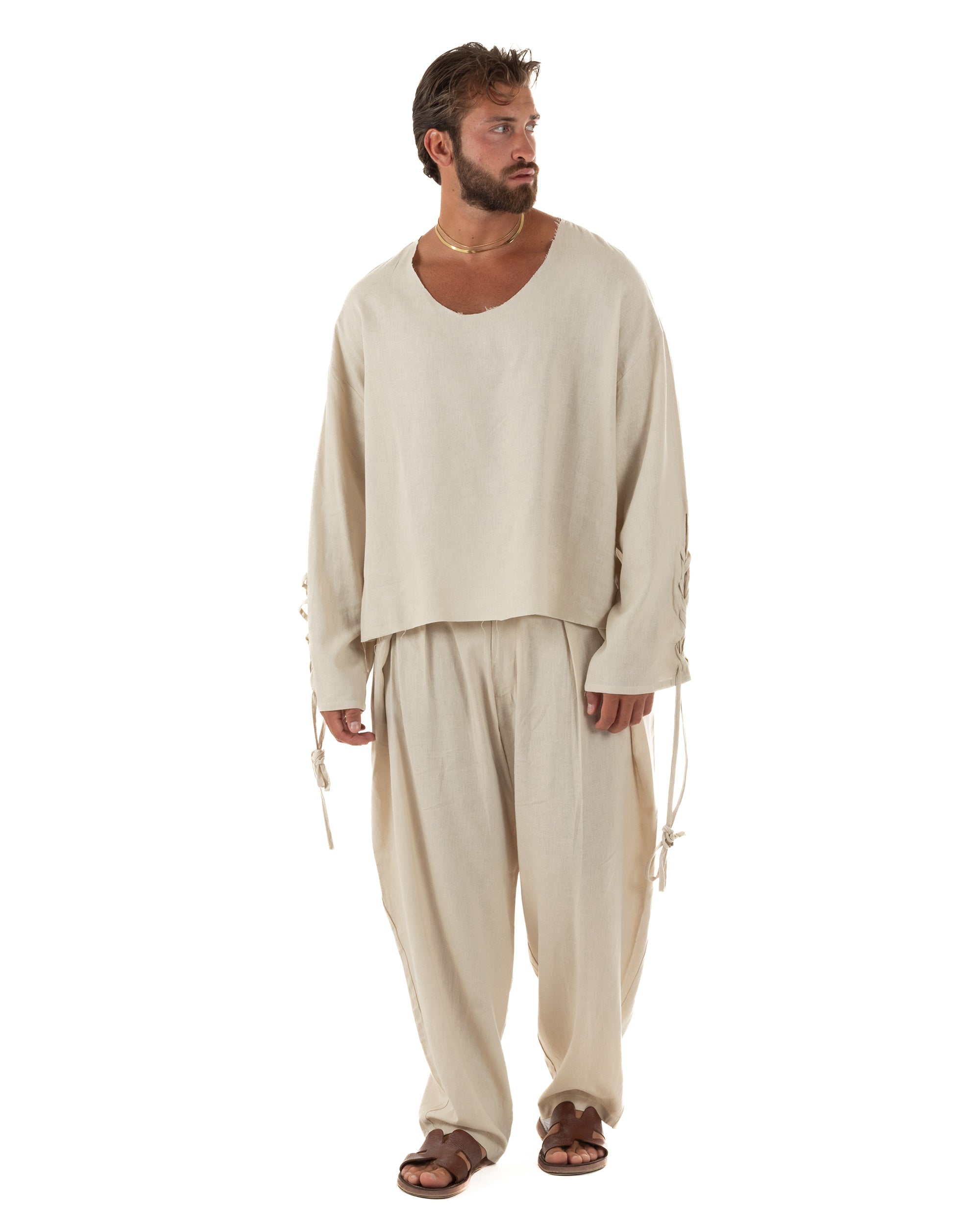 Pantaloni uomo lino baggy wide fit pinces estivo beige GIOSAL-P6521A
