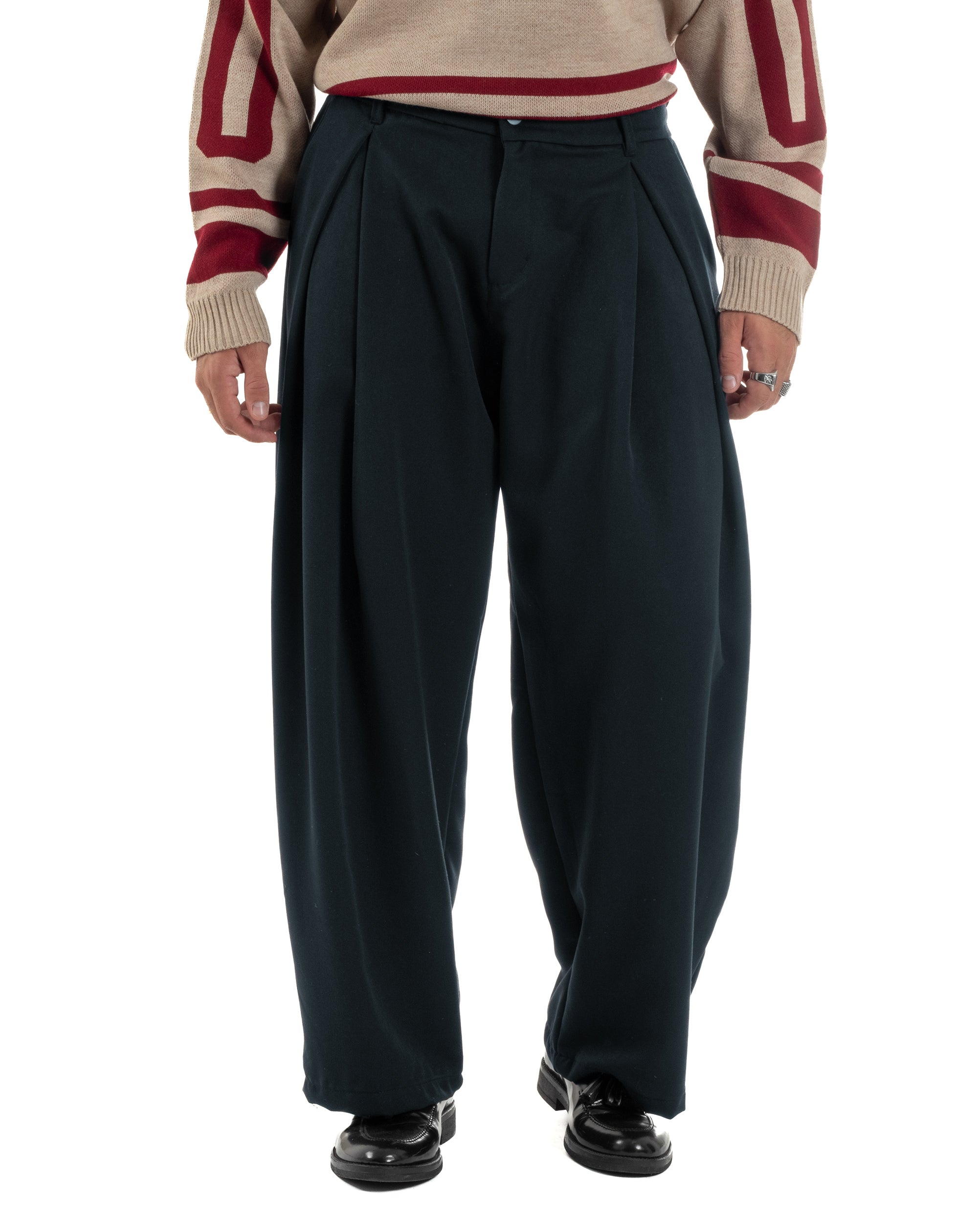 Pantaloni uomo viscosa baggy wide fit pinces blu P6523A