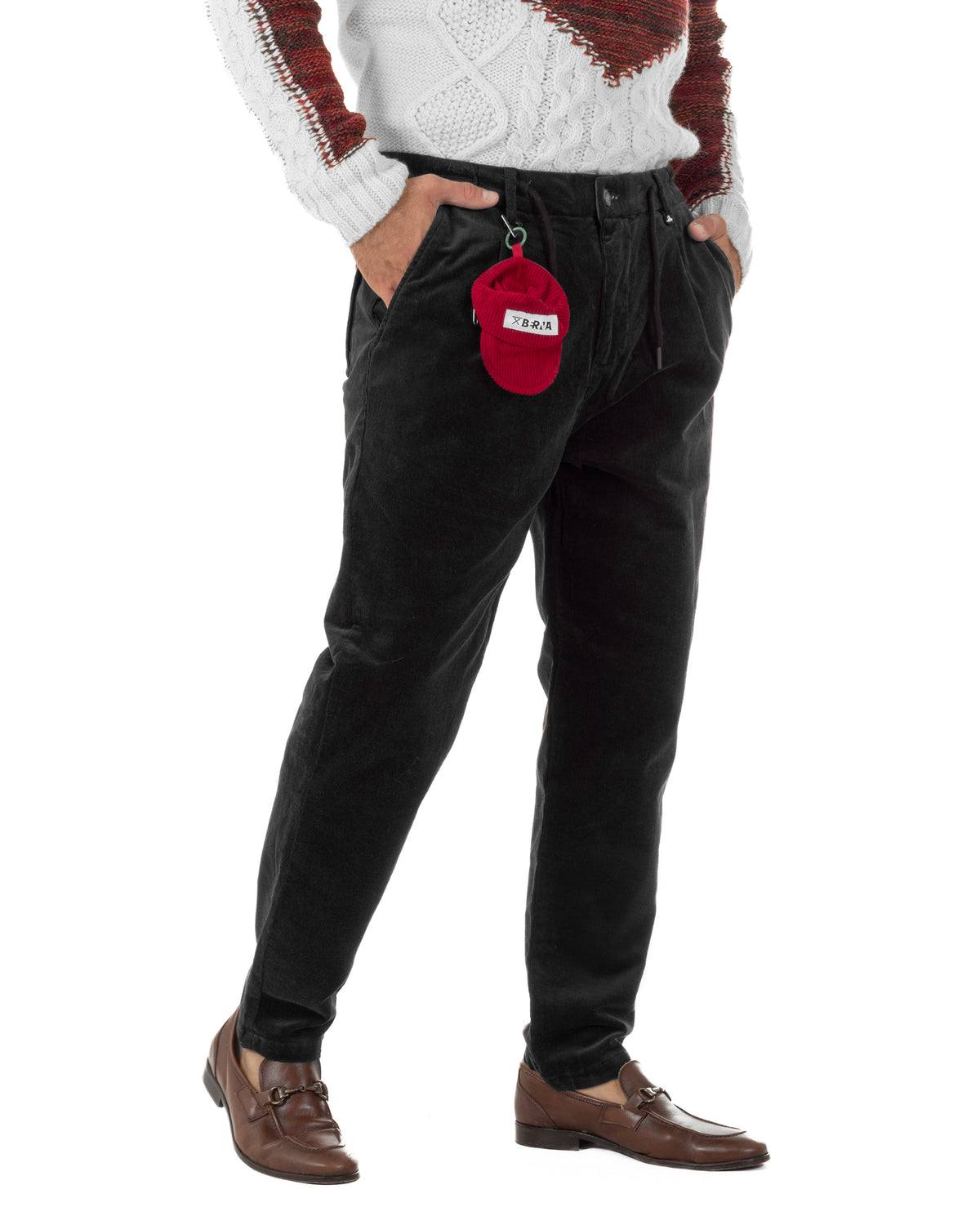 Pantaloni uomo in velluto a coste con coulisse nero Berna-M 262311-1