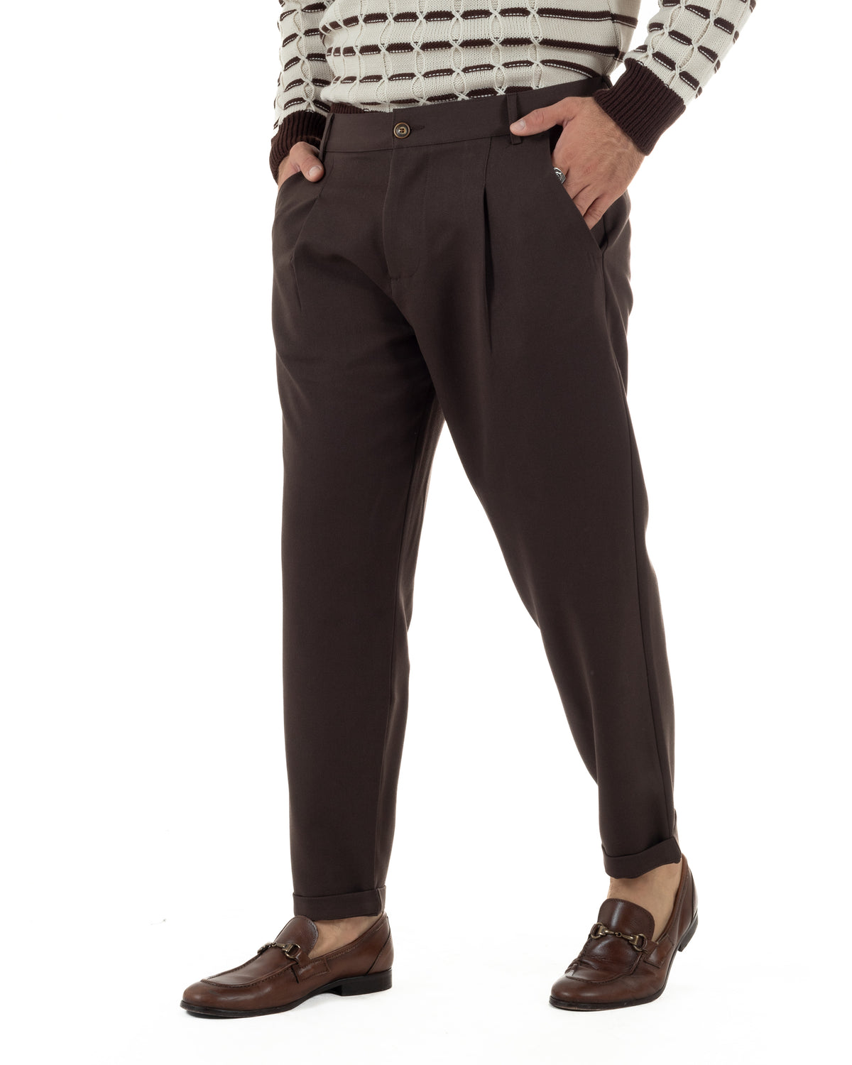 Pantaloni uomo viscosa eleganti affusolata con pinces marrone GIOSAL-P6535A