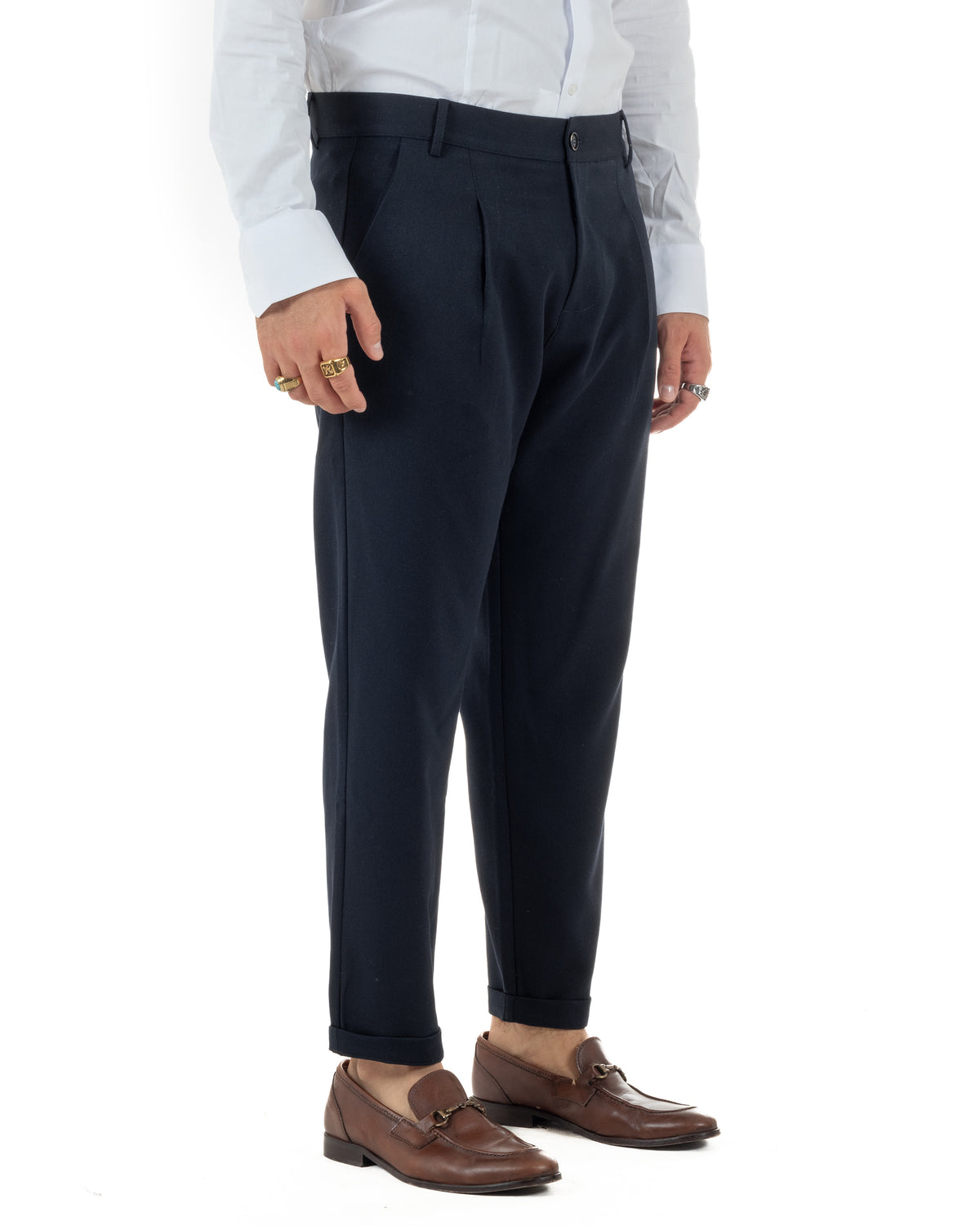 Pantaloni uomo viscosa eleganti affusolata con pinces blu GIOSAL-P6537A