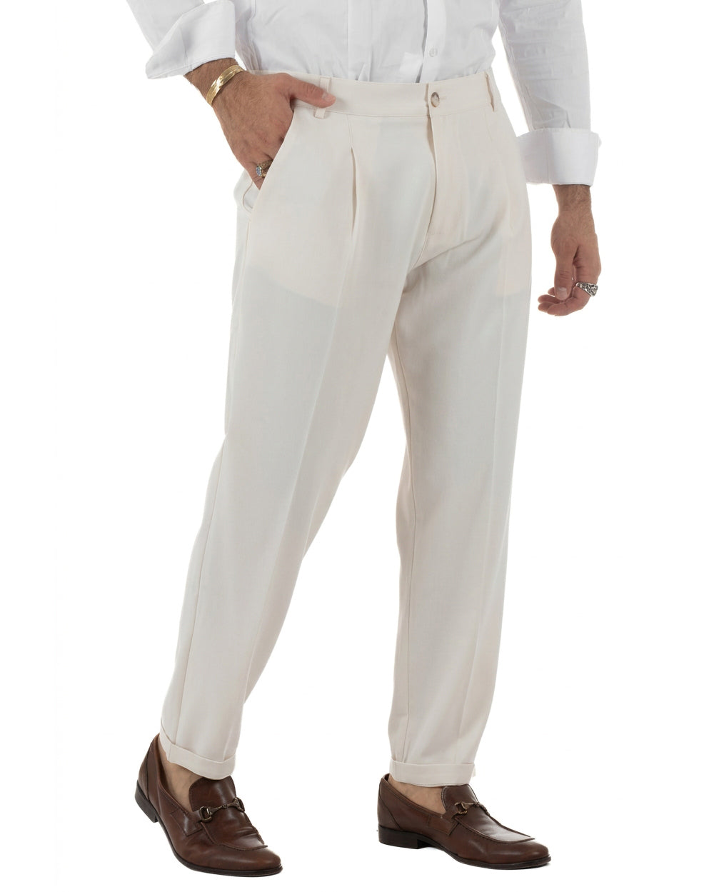 Pantaloni uomo viscosa eleganti affusolata con pinces panna GIOSAL-P6539A