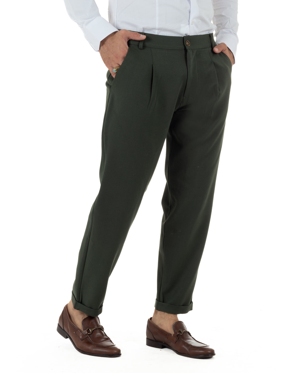 Pantaloni uomo viscosa eleganti affusolata con pinces verde GIOSAL-P6541A