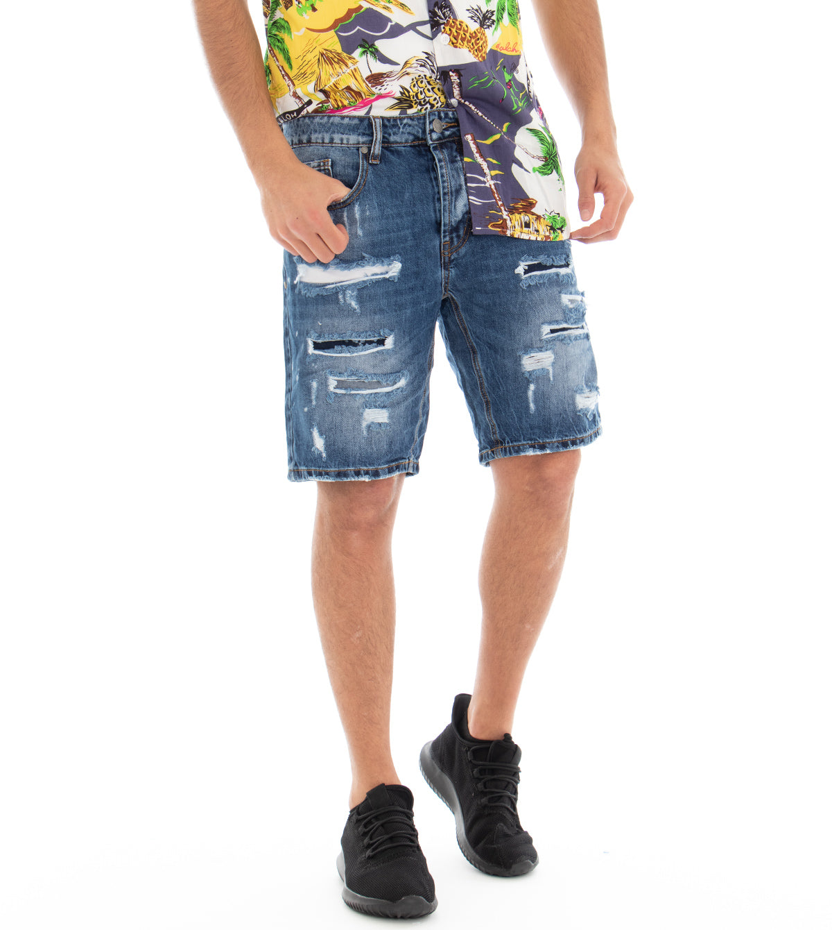 Bermuda Pantaloncino Jeans Uomo Denim Rotture Slim Cinque Tasche GIOSAL-PC1310A