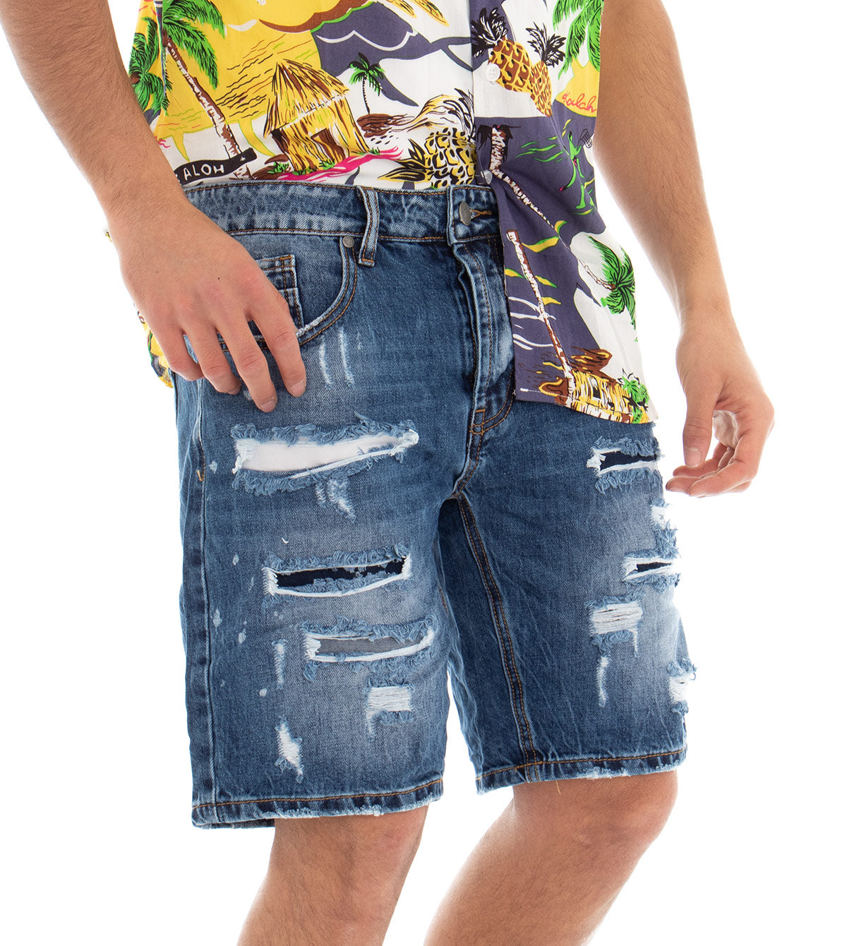 Bermuda Pantaloncino Jeans Uomo Denim Rotture Slim Cinque Tasche GIOSAL-PC1310A